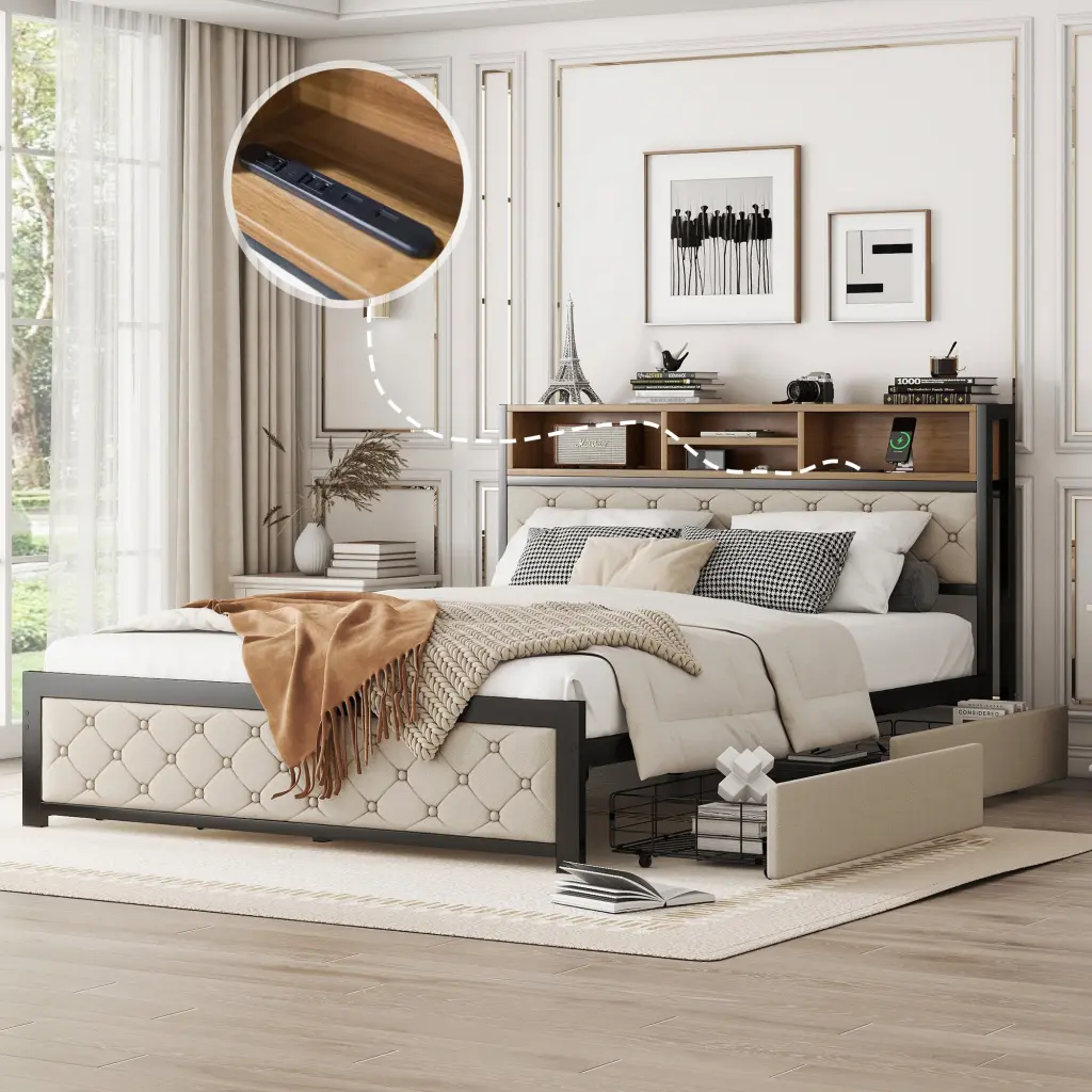 Metal Queen Size Platform Bed 4 Drawers Upholstered Headboard wm dreamland