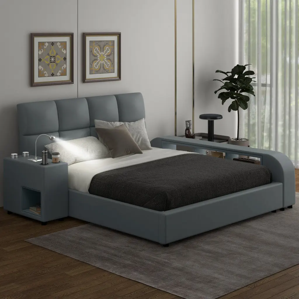 Queen Size Upholstered Platform Bed Multimedia Nightstand Storage wm dreamland