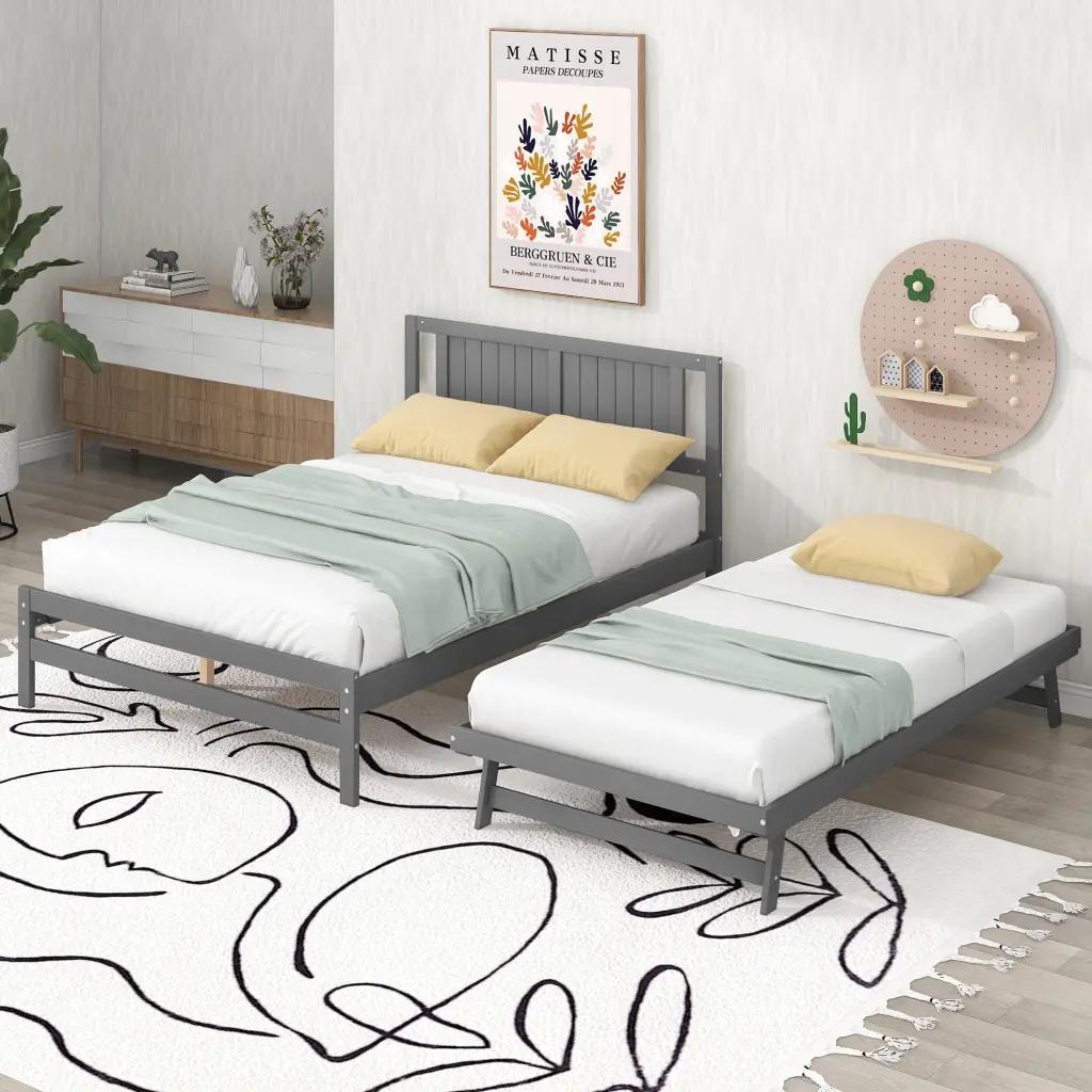 Full Size Platform Bed Adjustable Trundle Gray wm store
