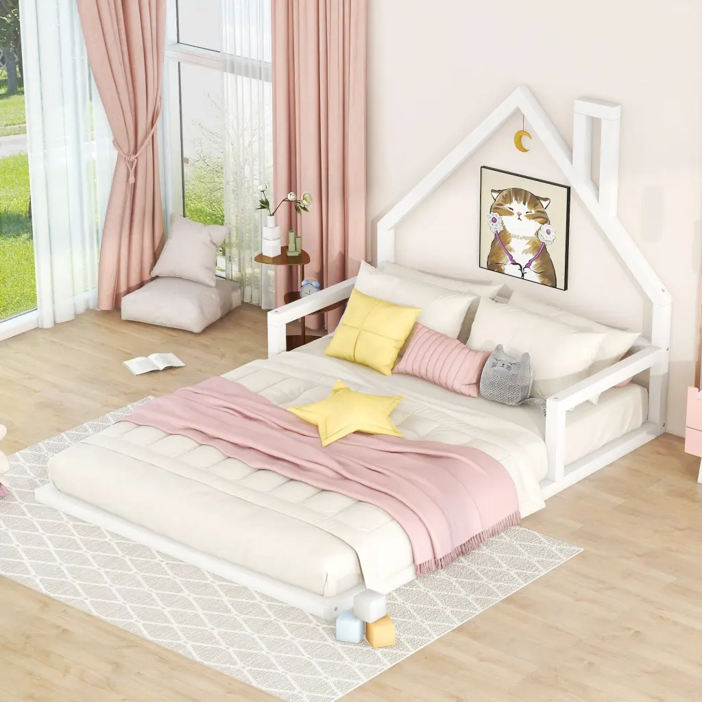 Full Size Wood Floor Bed Headboard White Box Spring wm store