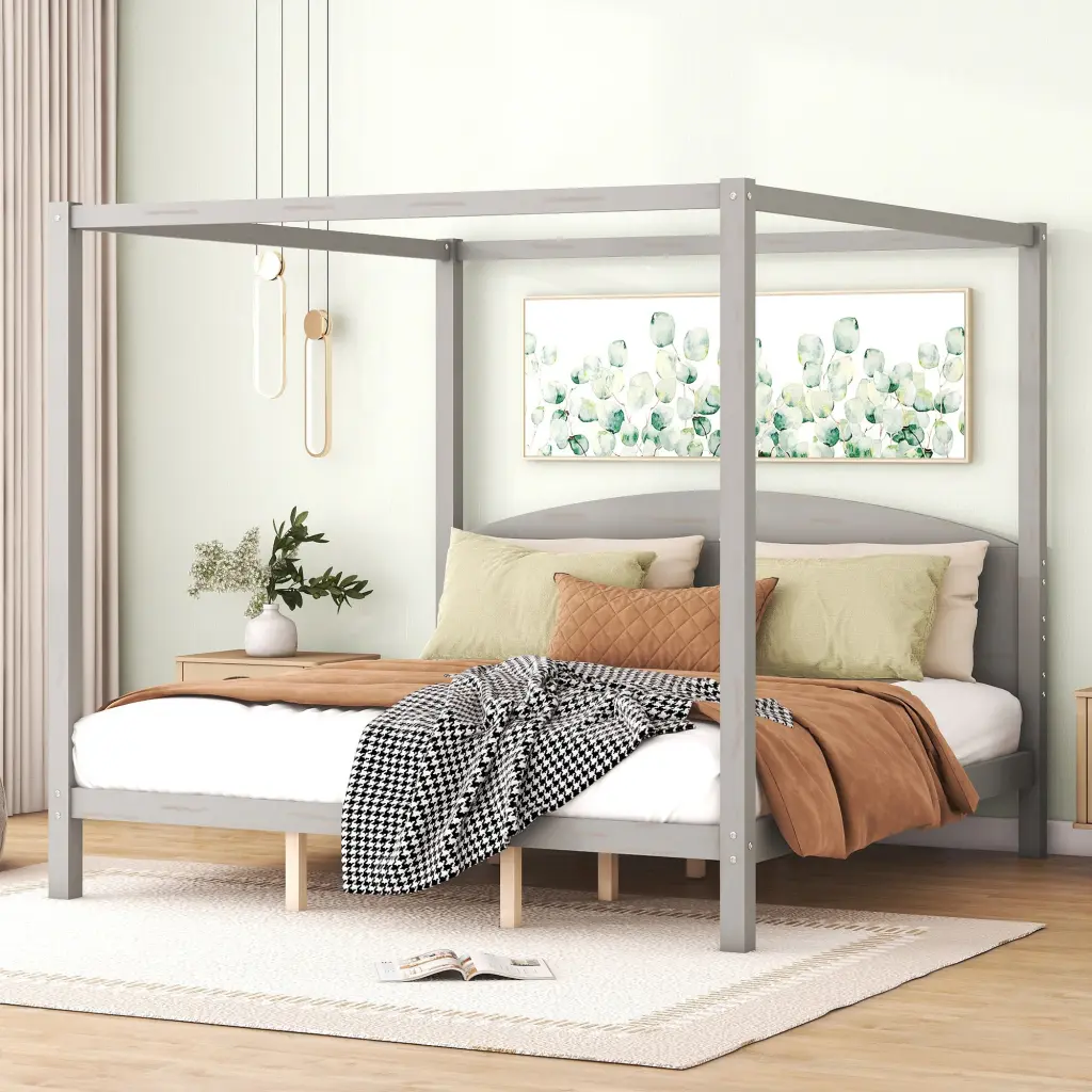 King Size Canopy Platform Bed Headboard And Sturdy Legs Grey Wooden Bed Frame wm store