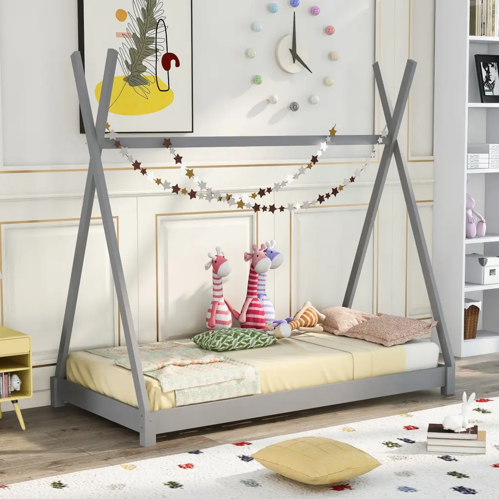 Twin Size Houtilize Platform Bed Triangle Structure Gray Pine wm store