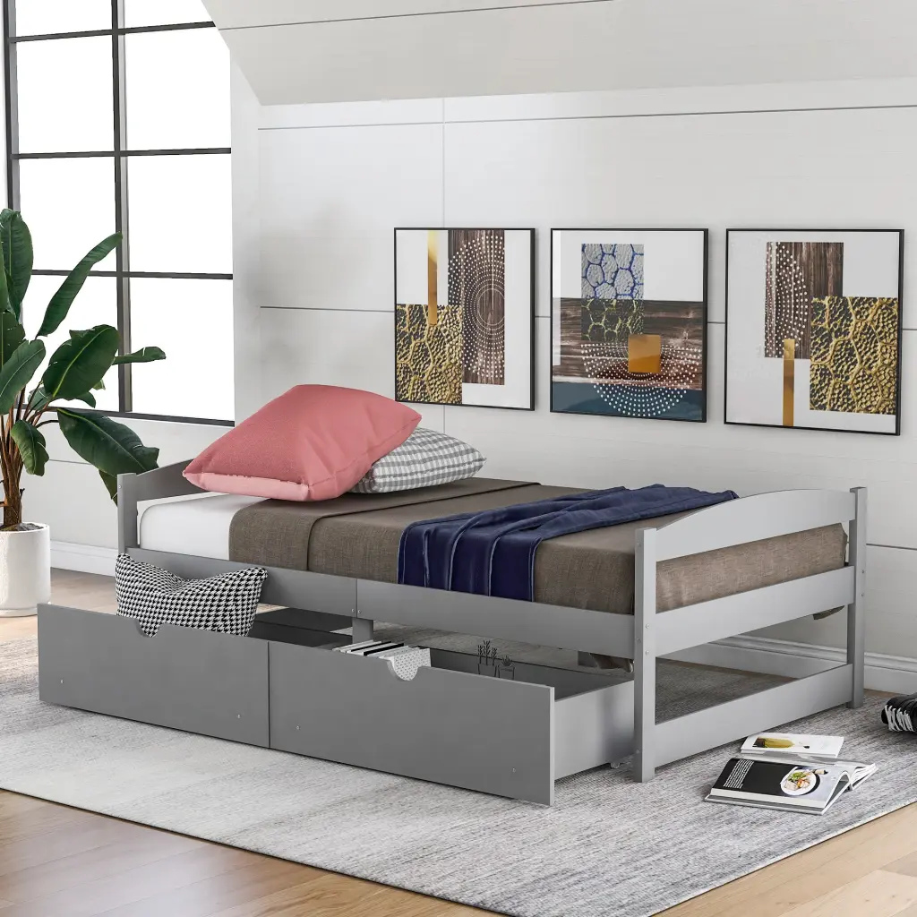 Twin Size Platform Bed 2 Drawers Gray Pine Wood Frame wm store