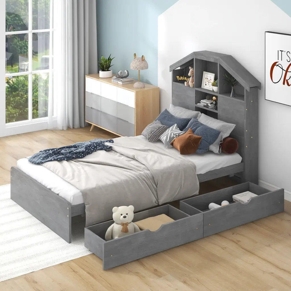 Twin Size Wood Platform Bed Houtilize Storage Headboard and 2 Drawers wm store