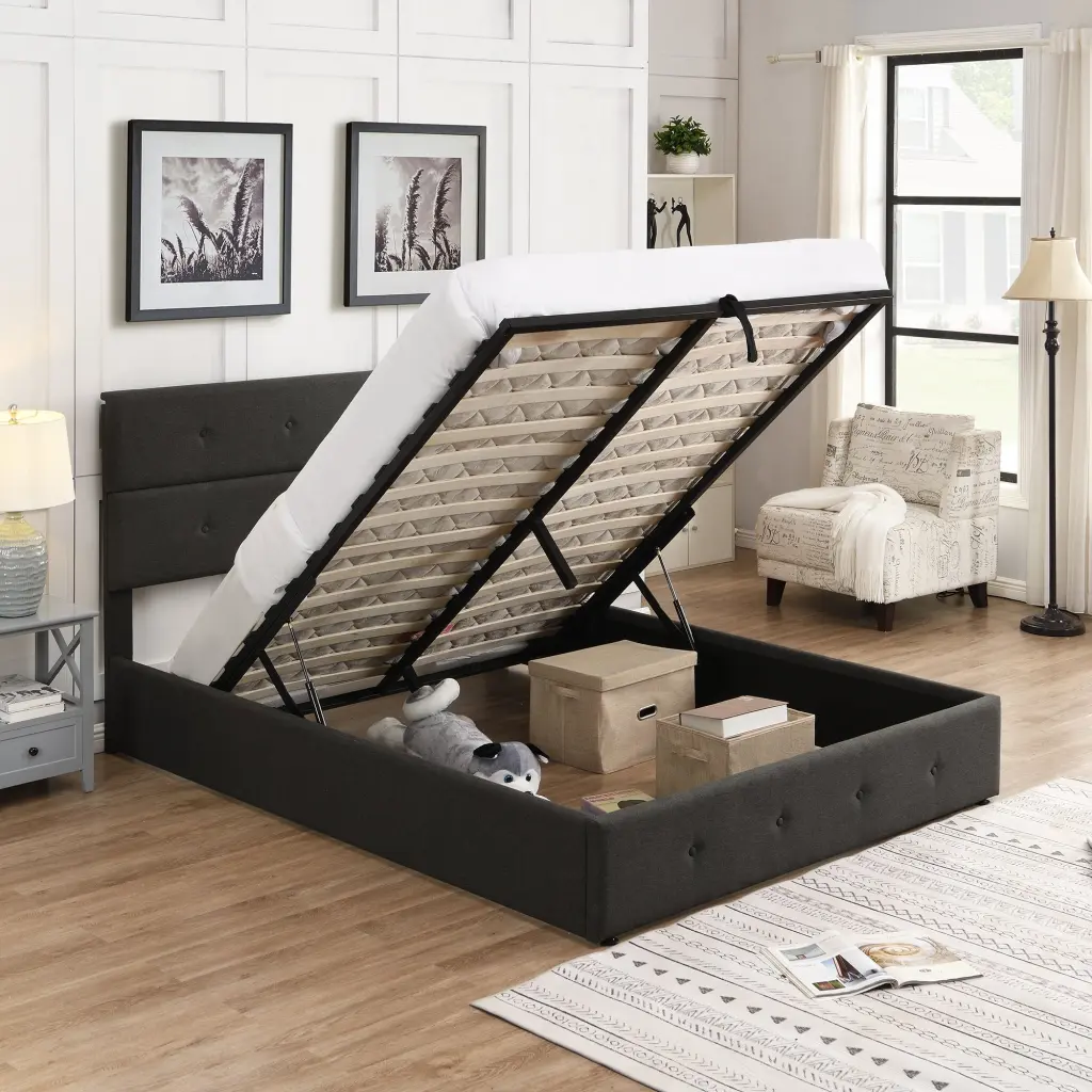 Upholstered Platform Bed Queen Size Gray Underneath Storage wm store