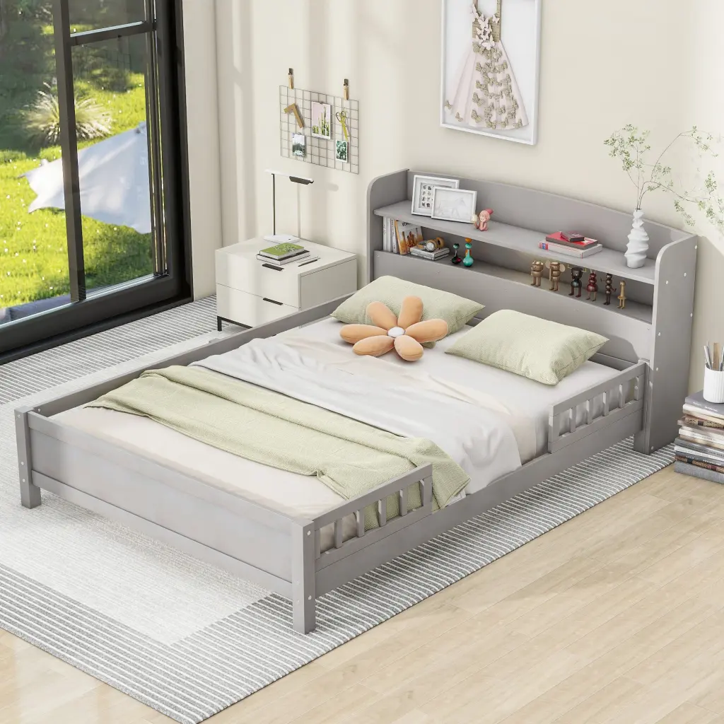 Wood Full Size Platform Bed Built- LED Light - Storage Headboard Bed Frame wm store