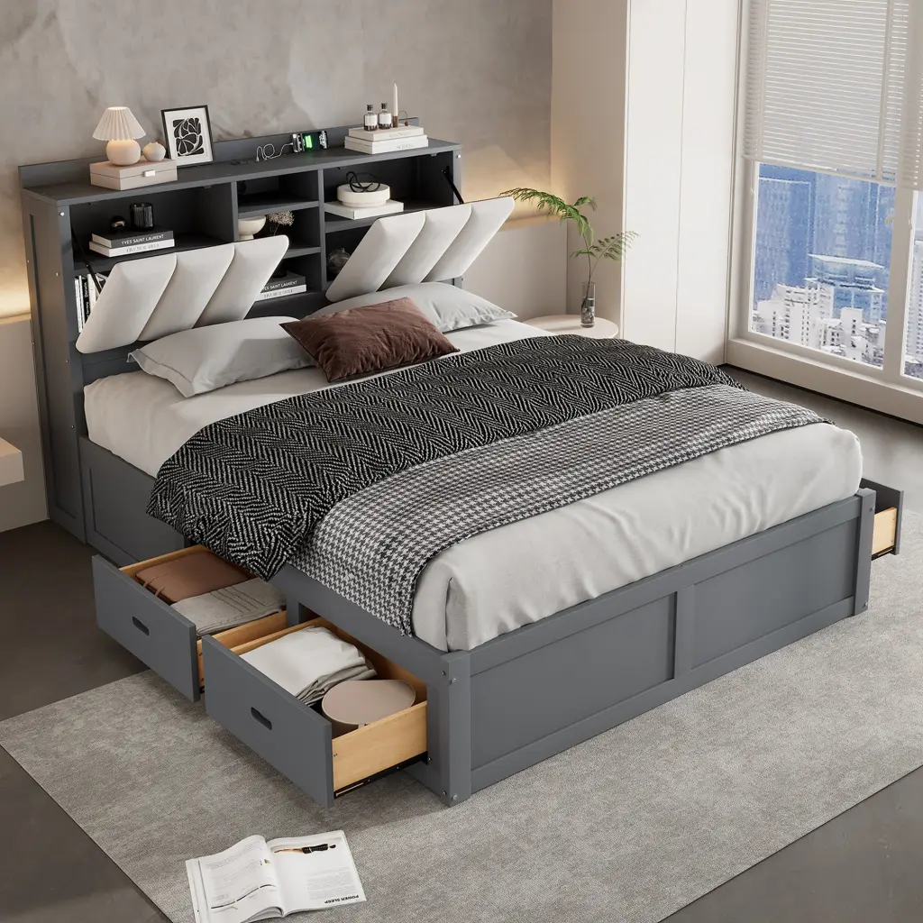 Wood Full Size Platform Bed Storage Headboard And 4 Drawers Gray wm store
