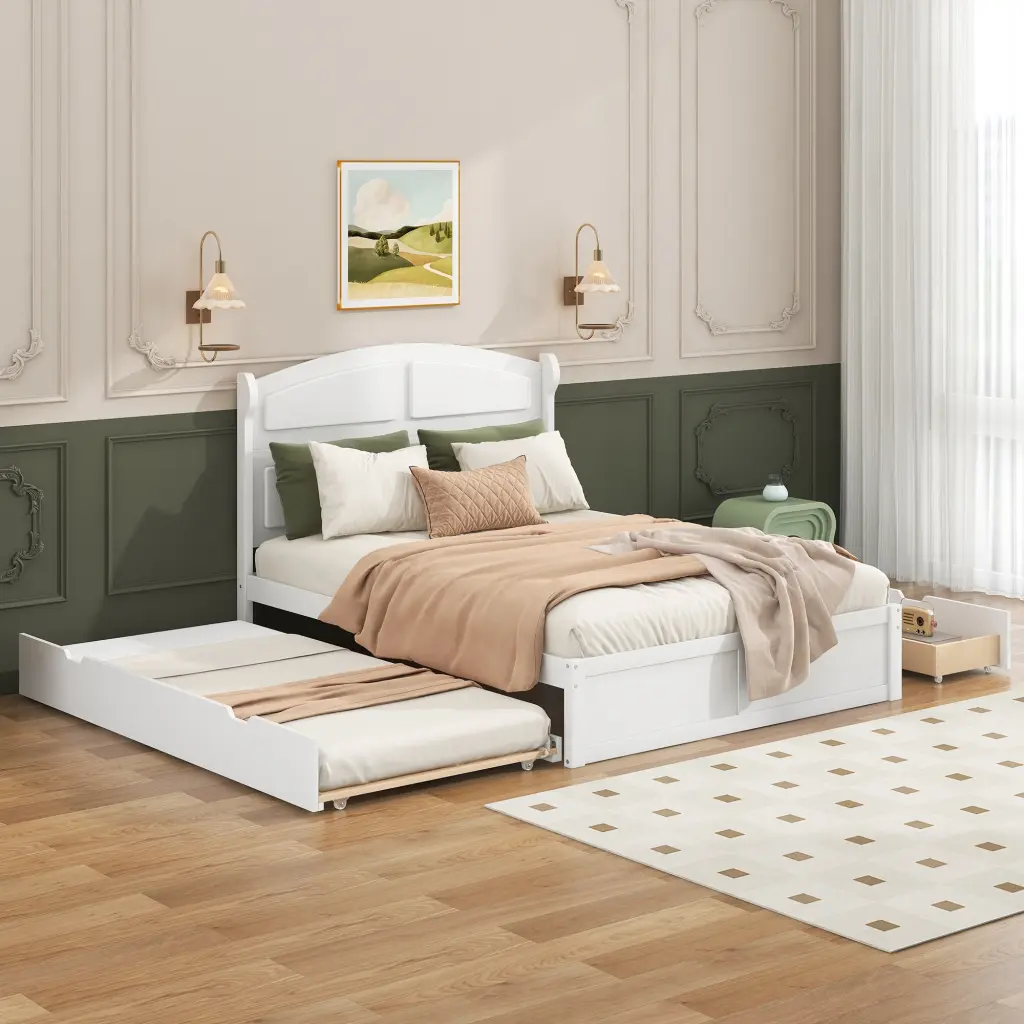 Wood Queen Size Platform Bed Twin Size Trundle and 2 Drawers White Finish wm store