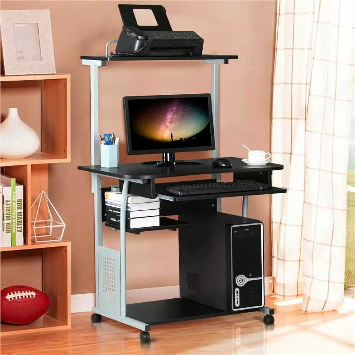 Alden Design Metal Portable Computer Desk 4 Storage Shelves and Keyboard Tray Black Gray