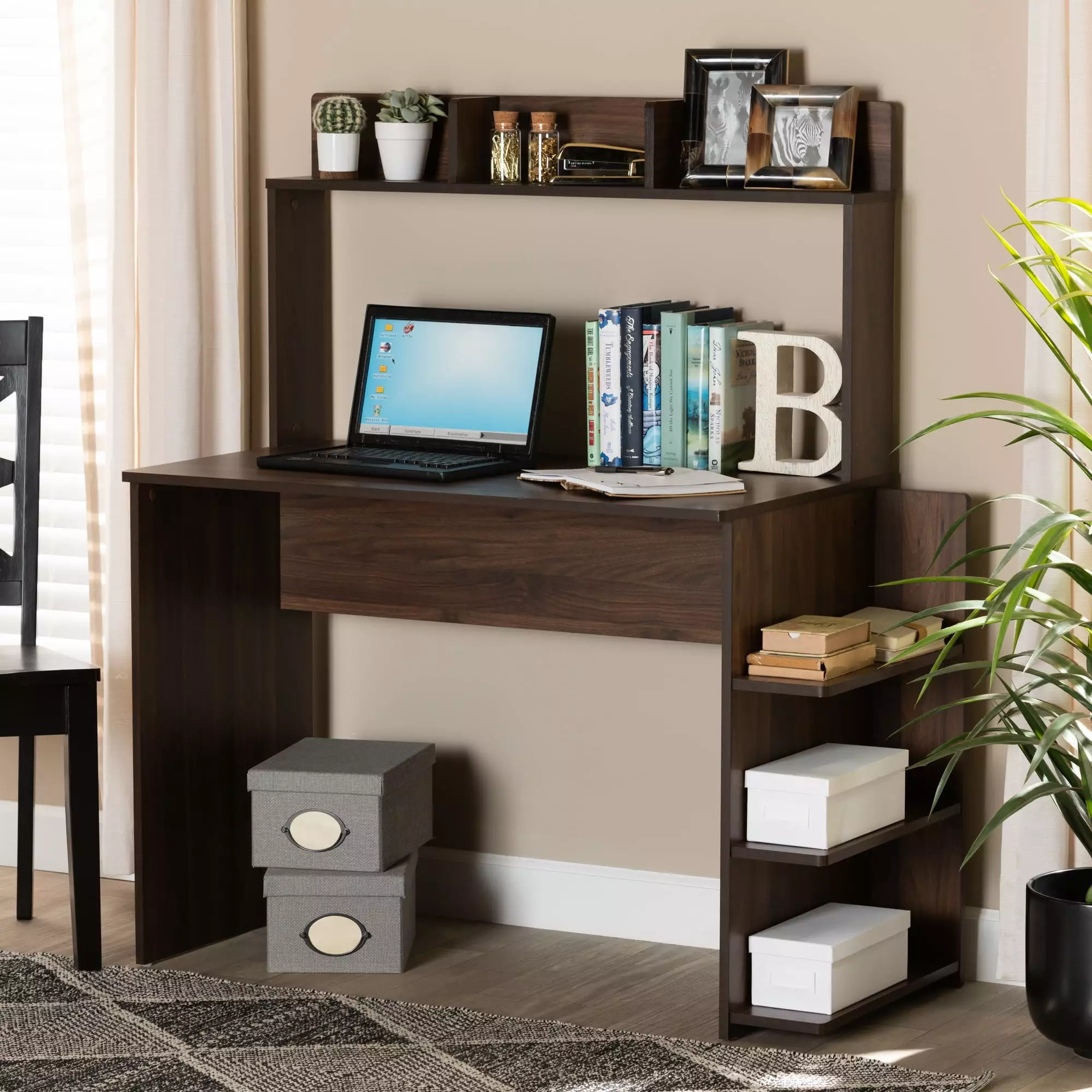 Baxton Studio Garnet Contemporary 45 x 21.7 Inch Engineered Wood Portable Computer Desk Shelves Walnut Brown