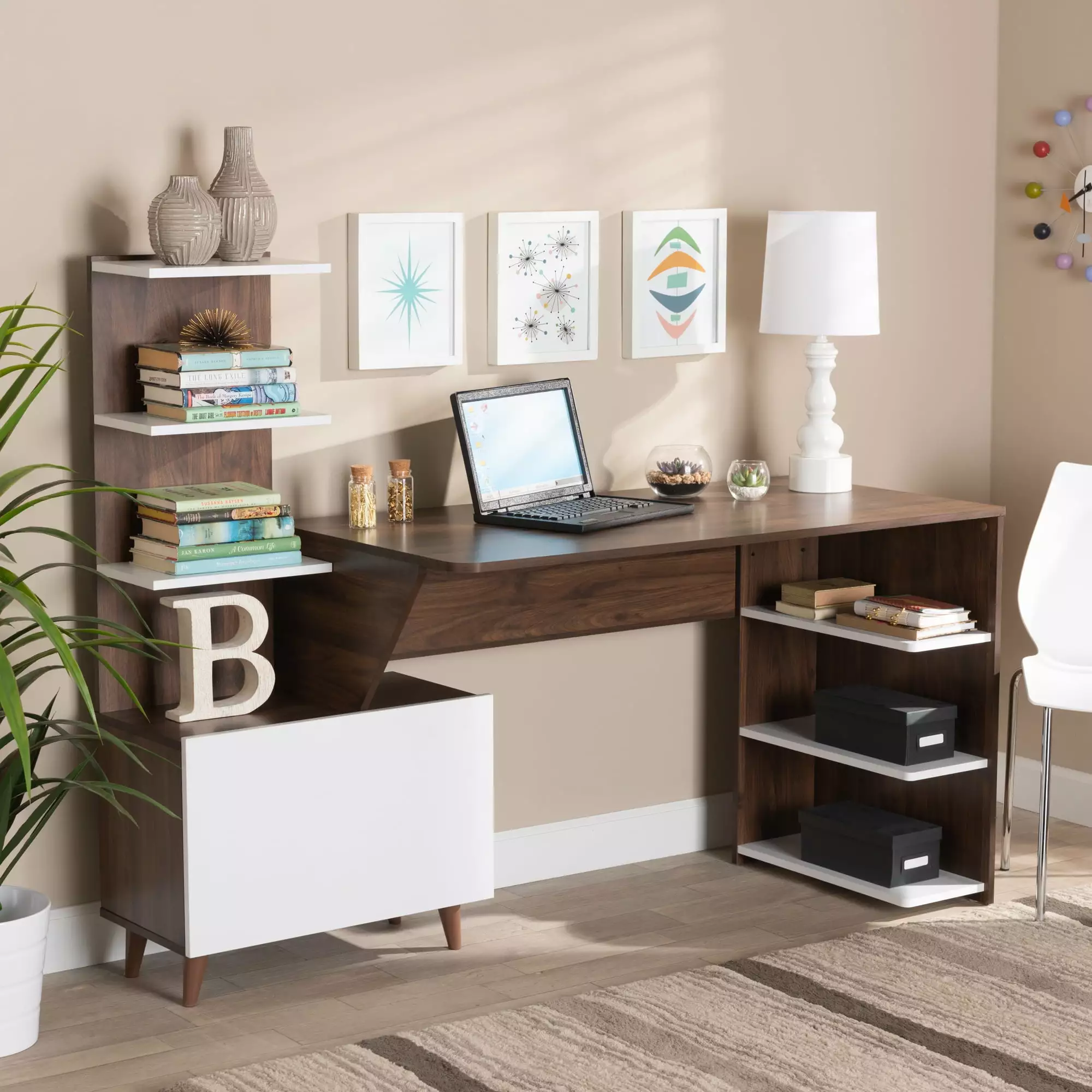 Baxton Studio Tobias Portable Computer Desk Storage White Walnut Brown