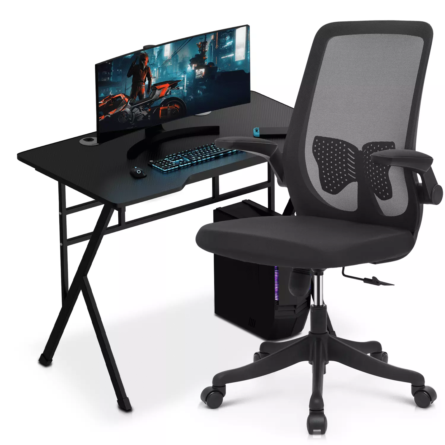 MoNiBloom Portable Modern Computer Desk Host Rack Ergonomic Rolling Swivel Task Seat Home Office Black