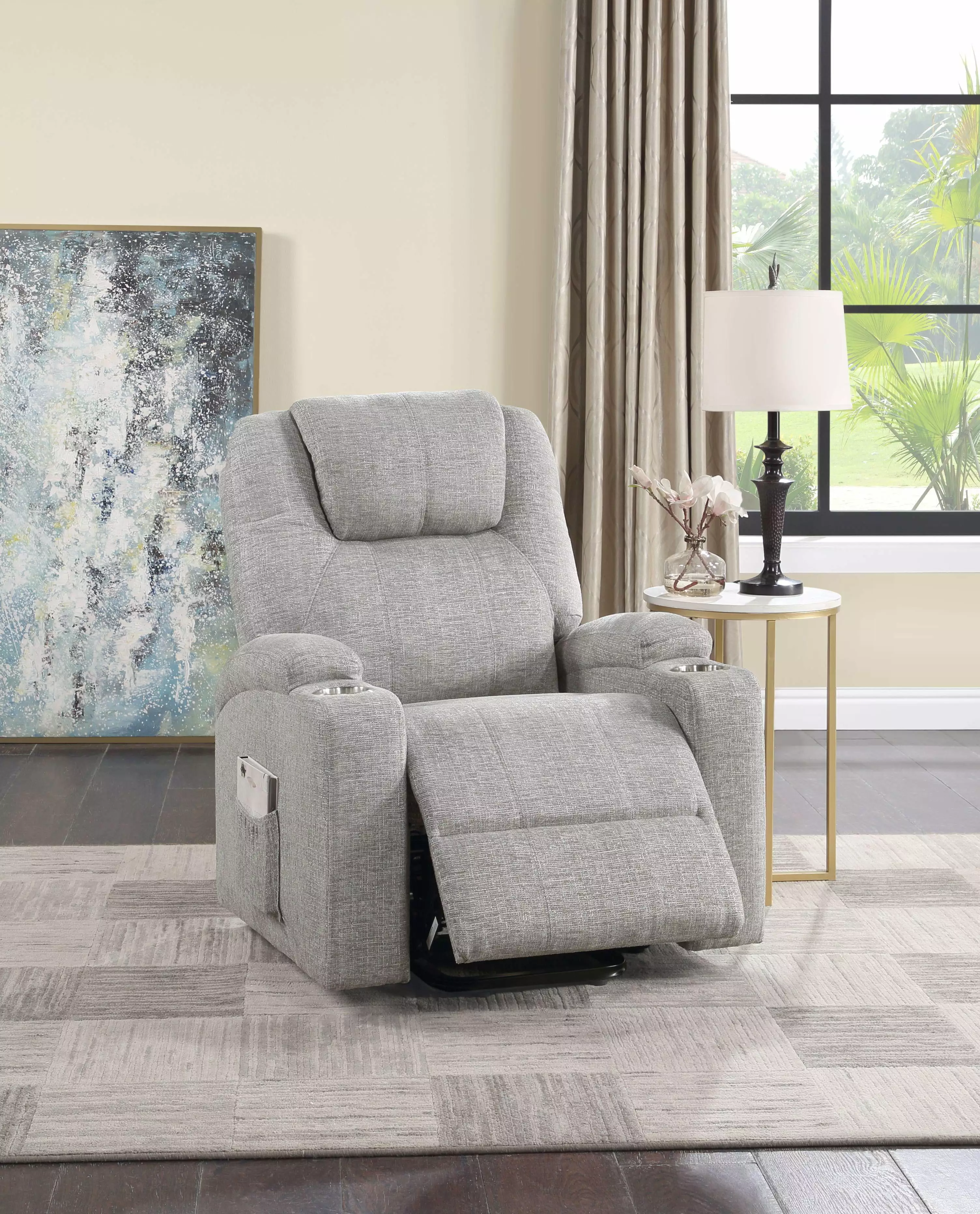Acme Evander Recliner Power Lift Light Gray Chenille Acme Furniture