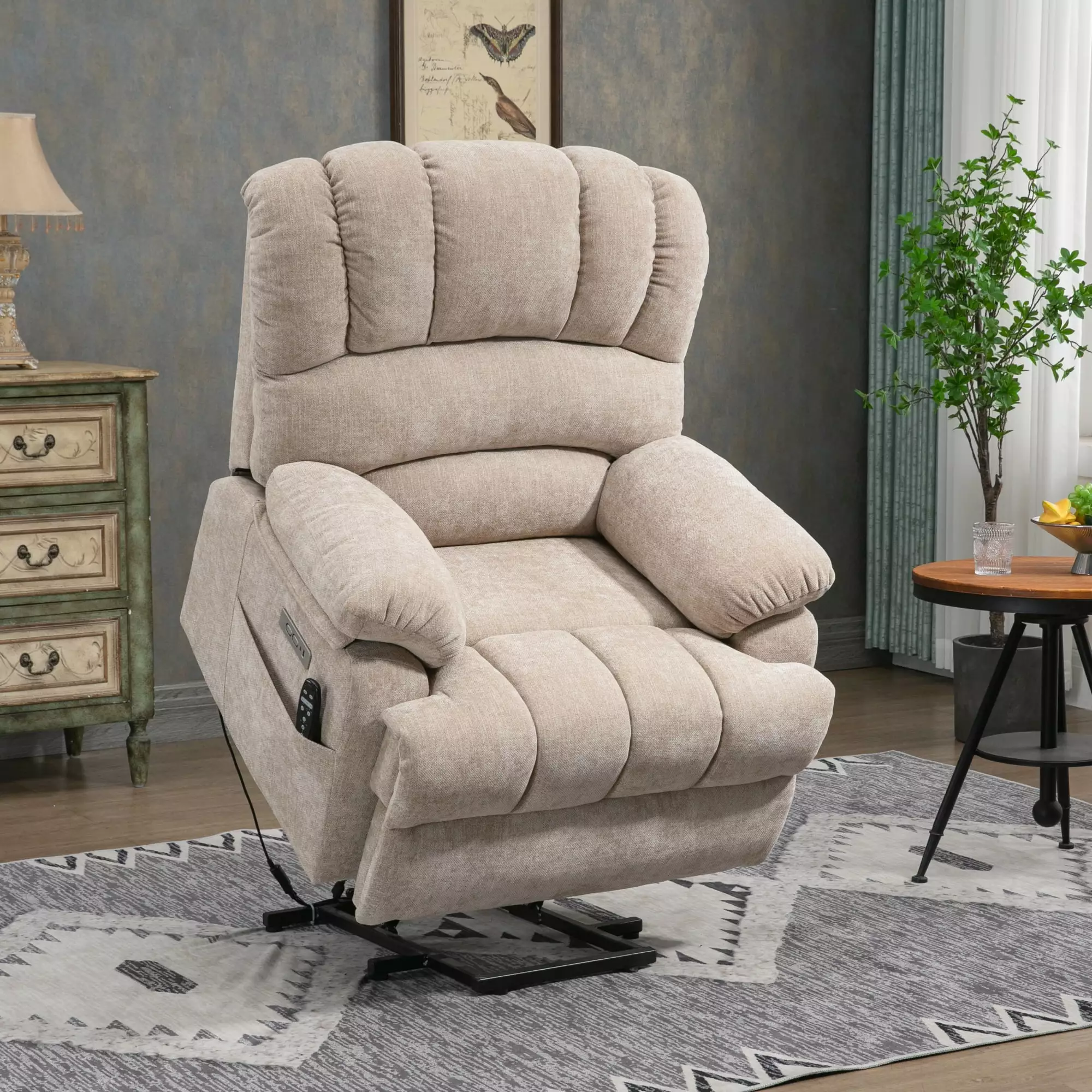 23 Seat Width High Back Large Size Beige Chenille Power Lift Recliner 8-Point Vibration Massage and Lumbar Heating ANTFURN