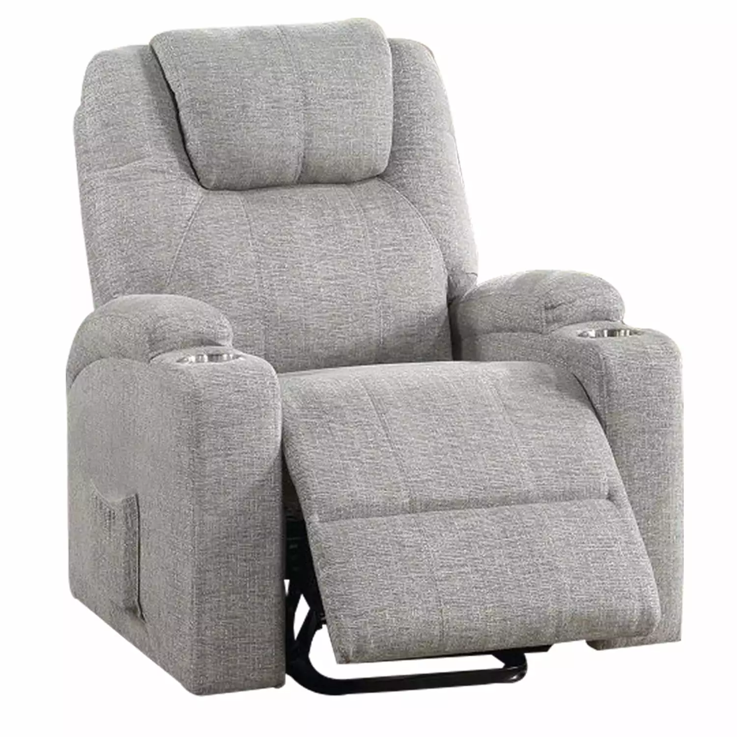 Benjara Evans 37 Inch Recliner Chair Power Lift and Cupholders Light Gray Chenille