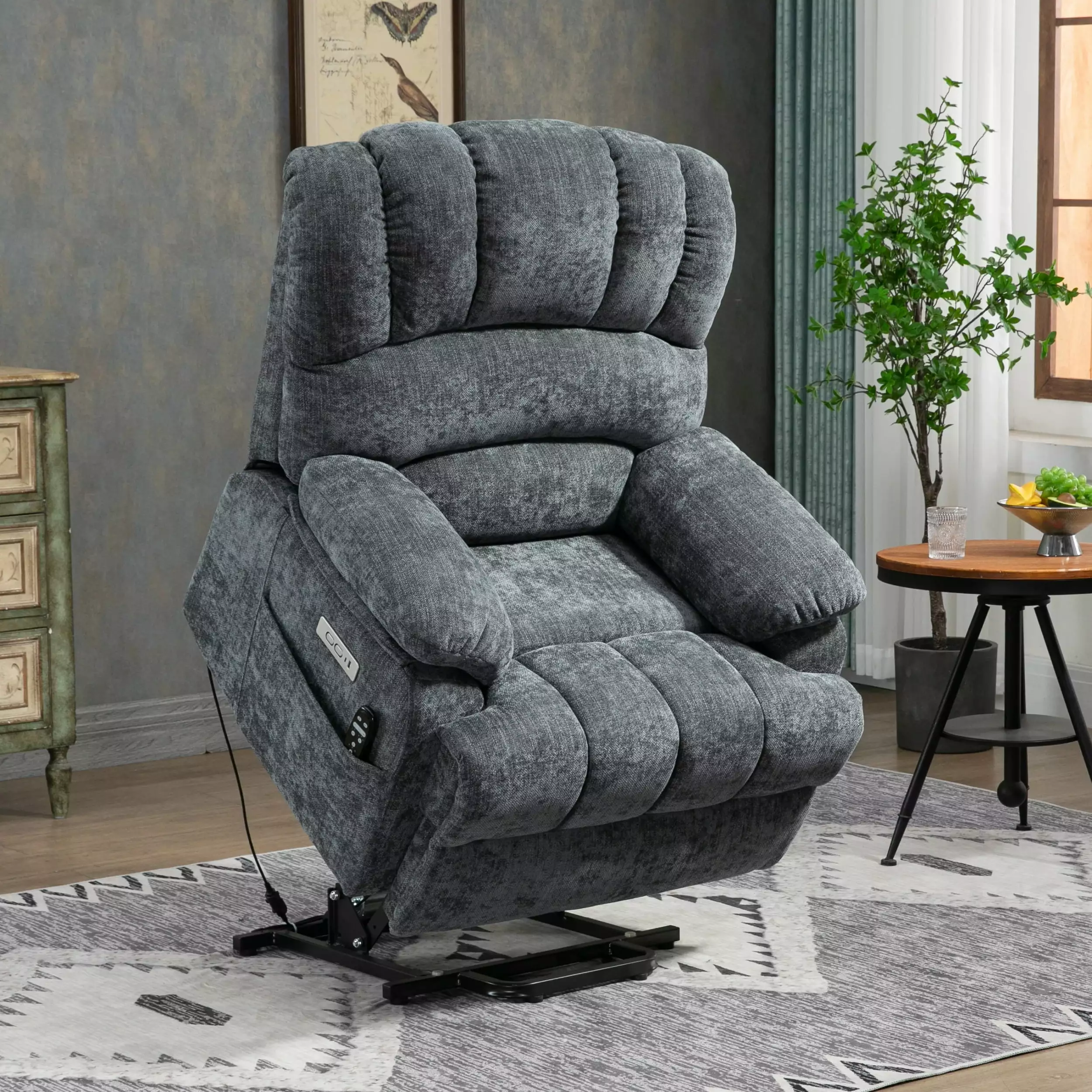 Blue Chenille Power Lift Recliner Chair 8-Point Massage and Lumbar Heating