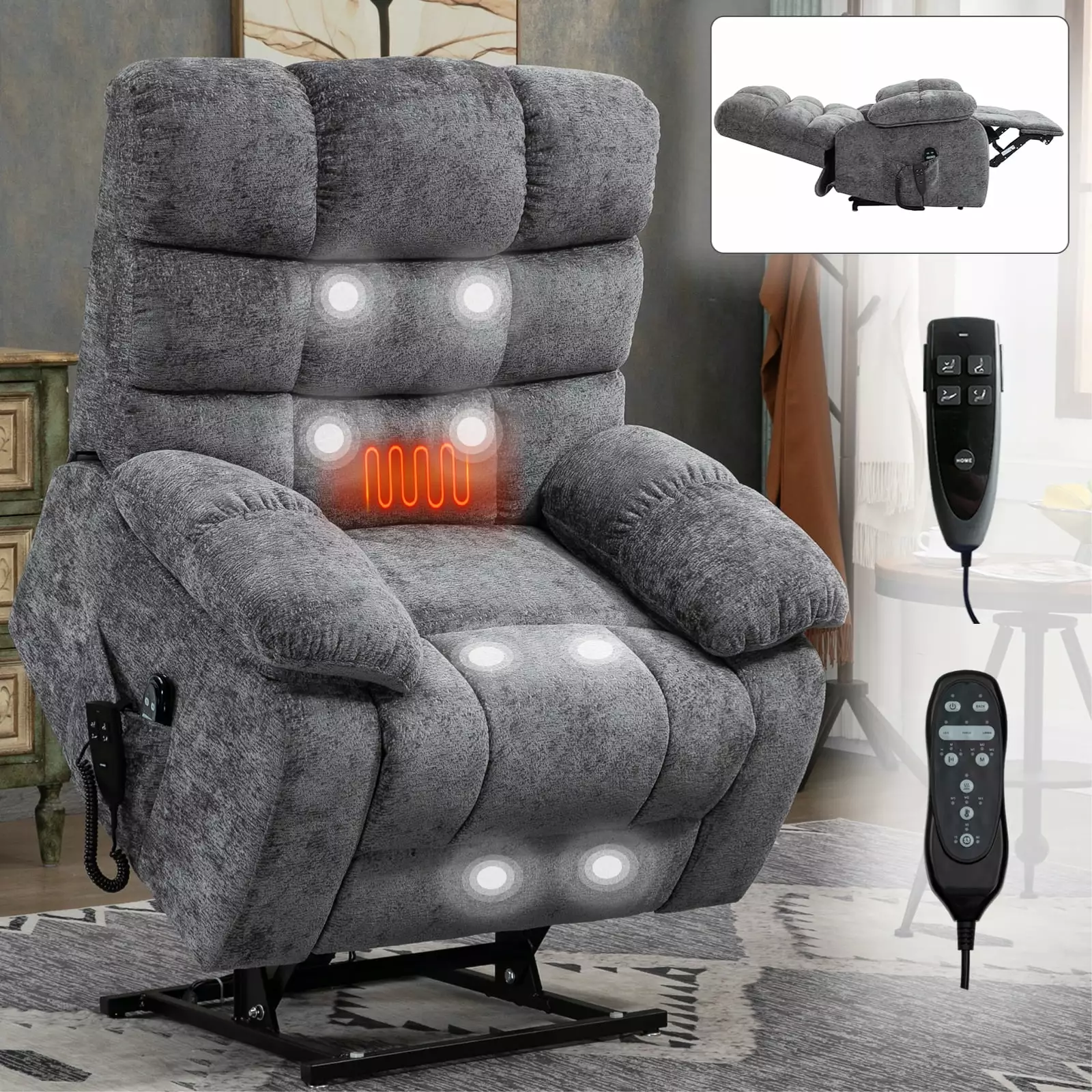 DeeHome Dual Motor Electric Power Lift Recliner Chair Heat Massage up to 350 LBS Grey