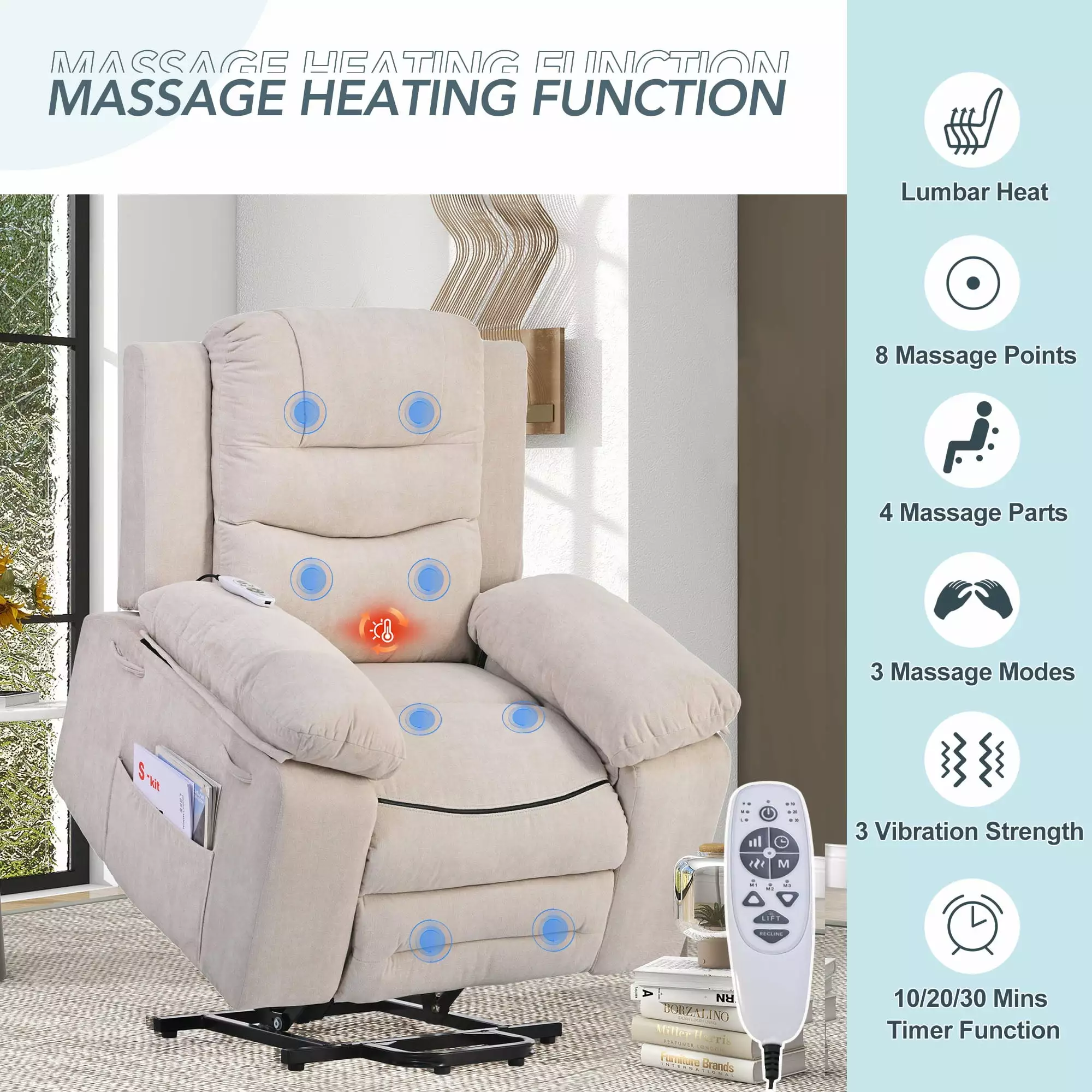 Power Lift Massage Recliner Chair Elderly Adjustable Massage Heating Infinite Position Side Pocket Beige Living Room Comfo...
