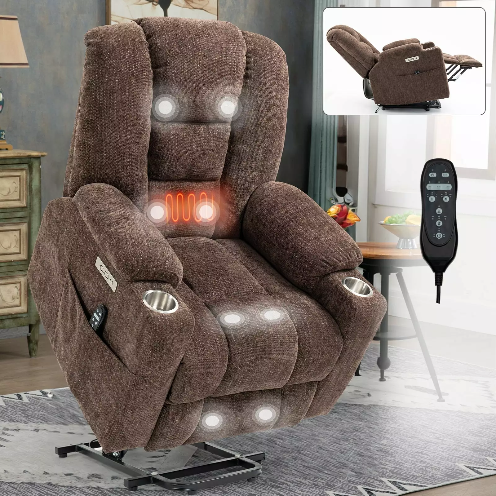 Rico Large Power Lift Recliner Chair Heat and Massage Brown Comfortable Elderly Chair Go Green Woods