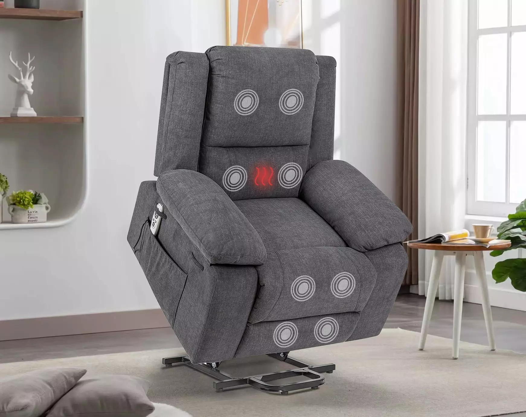 Homiyad Electric Power Recliner Chair Massage, Remote Control, Heating, Side Pocket, Dark Grey Elderly Chair