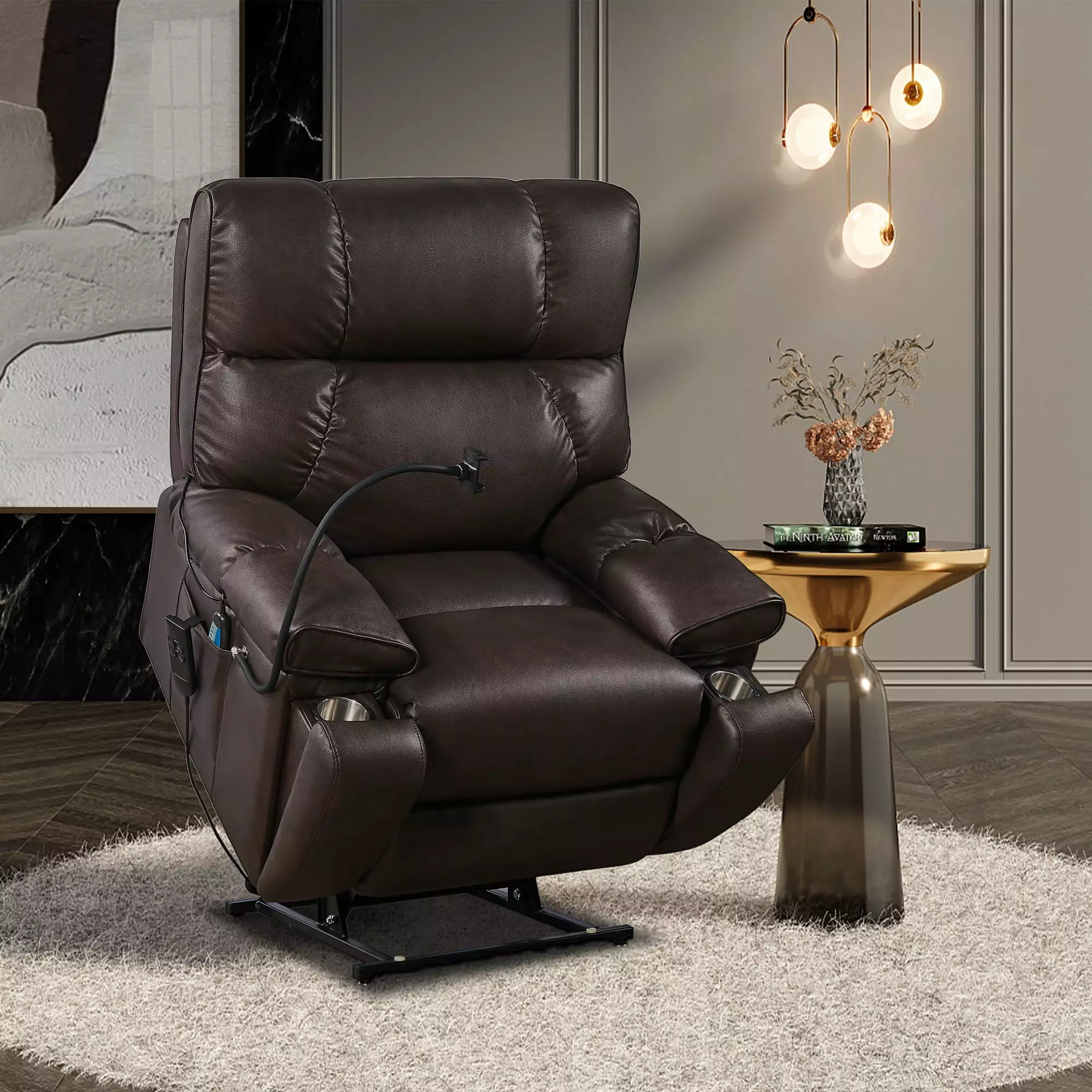 Electric Power Lift Recliner Chair 2 Motors Massage Heat Side Pockets and Cup Holders Brown Bonded Leather Jamini