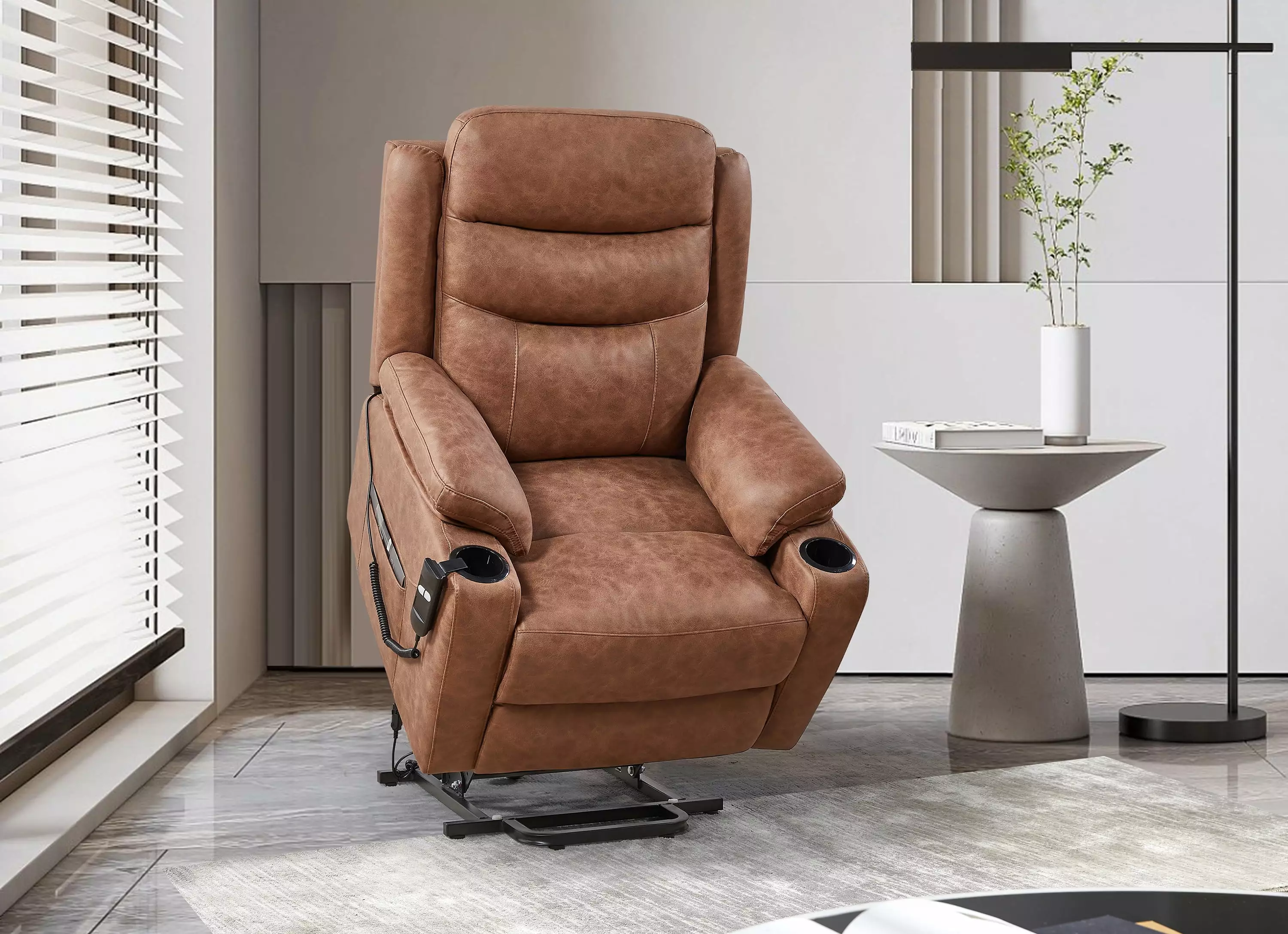 Electric Power Lift Recliner Chair 1 Motor 3 Positions 2 Side Pockets and Cup Holders Suede Fabric JUSTSHIK