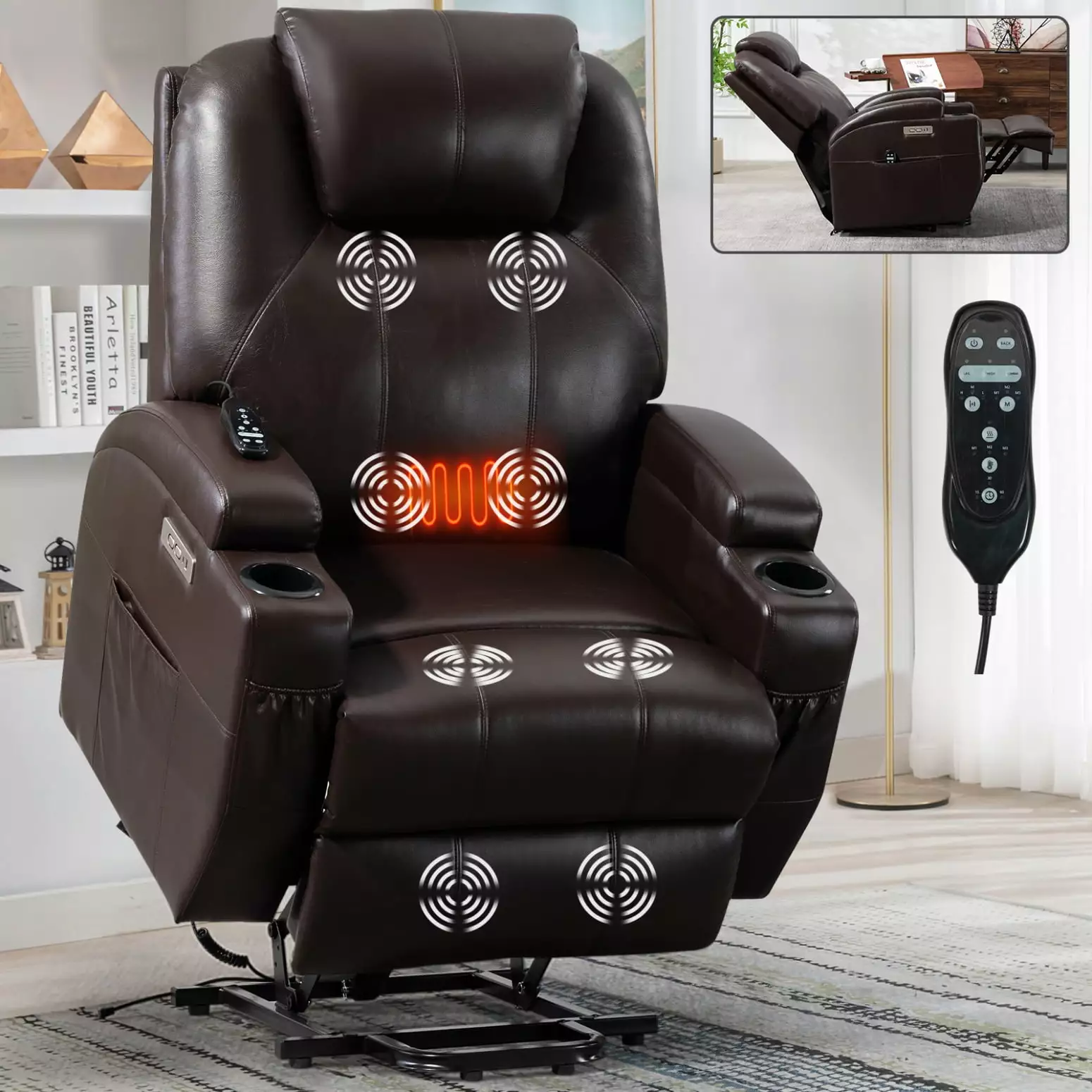 Black Power Lift Recliner Chair Massage Heat Dual Cup Holders and USB Ports LMing