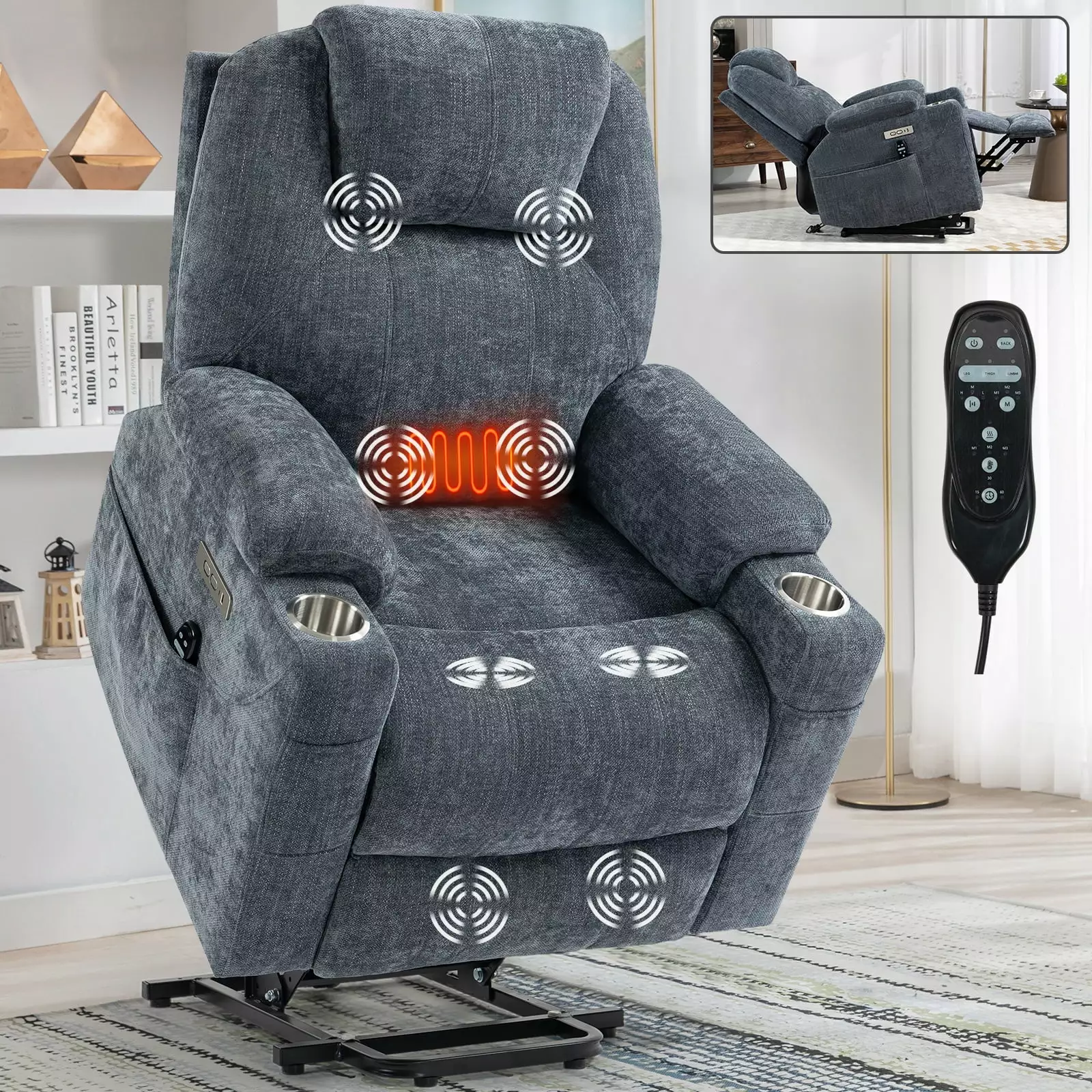 Miekor 350 LBS Chenille Power Lift Recliner Chair Massage, Heating, USB Ports, and Cup Holders - Blue