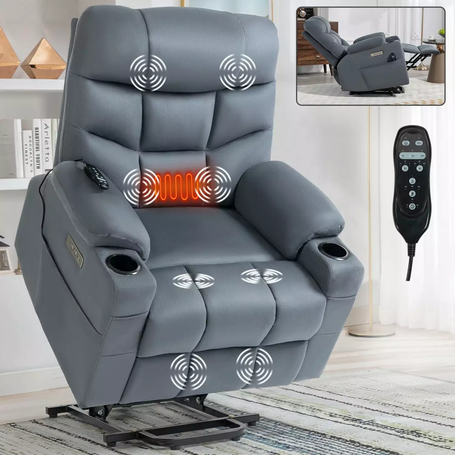 Okin Motor Power Lift Recliner Chair Blue-Gray Heavy Duty Vibration Massage Lumbar Heating Cup Holders USB Type-C Ports Re...