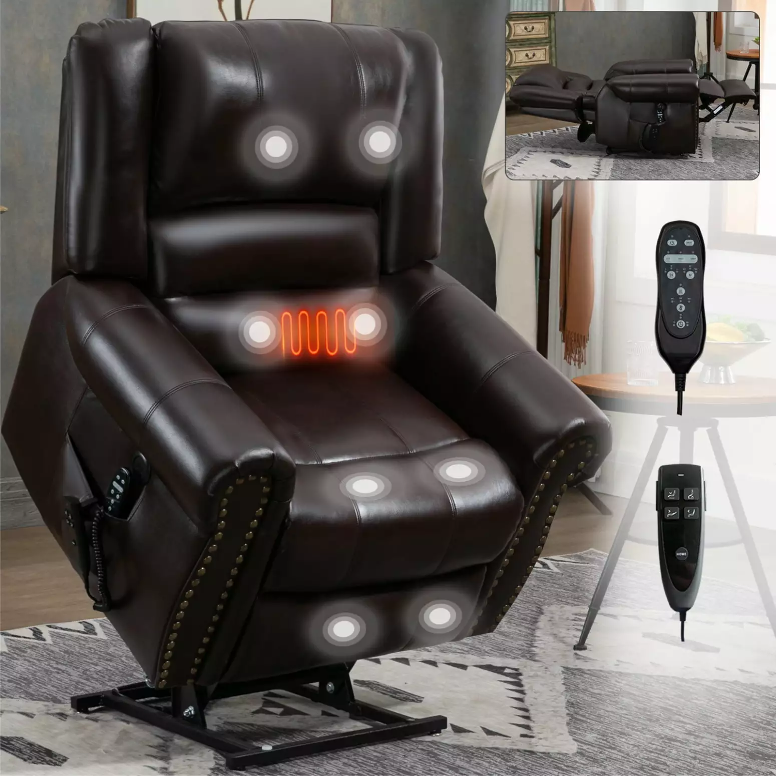 Premium Brown Faux Leather Power Lift Recliner Chair Dual Motor Heat Massage USB Ports Comfortable Convenient Living Space...