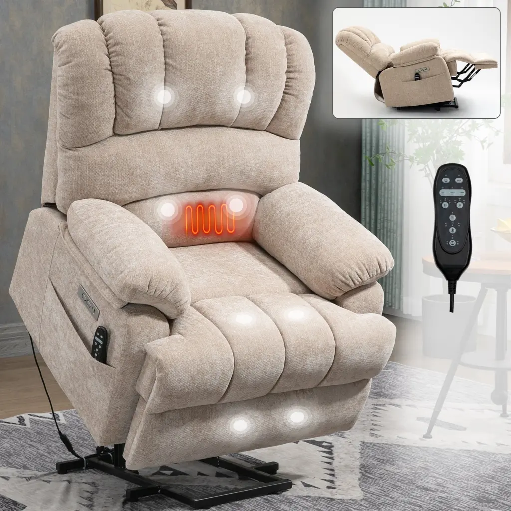 23 Seat Width And High Back Large Size Beige Chenille Power Lift Recliner rnb