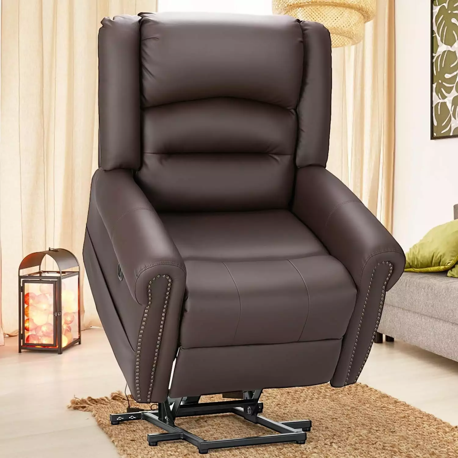 YODOLLA Faux Leather Power Lift Recliner Elderly Rivet Design Electric Lift Chair Massage Brown