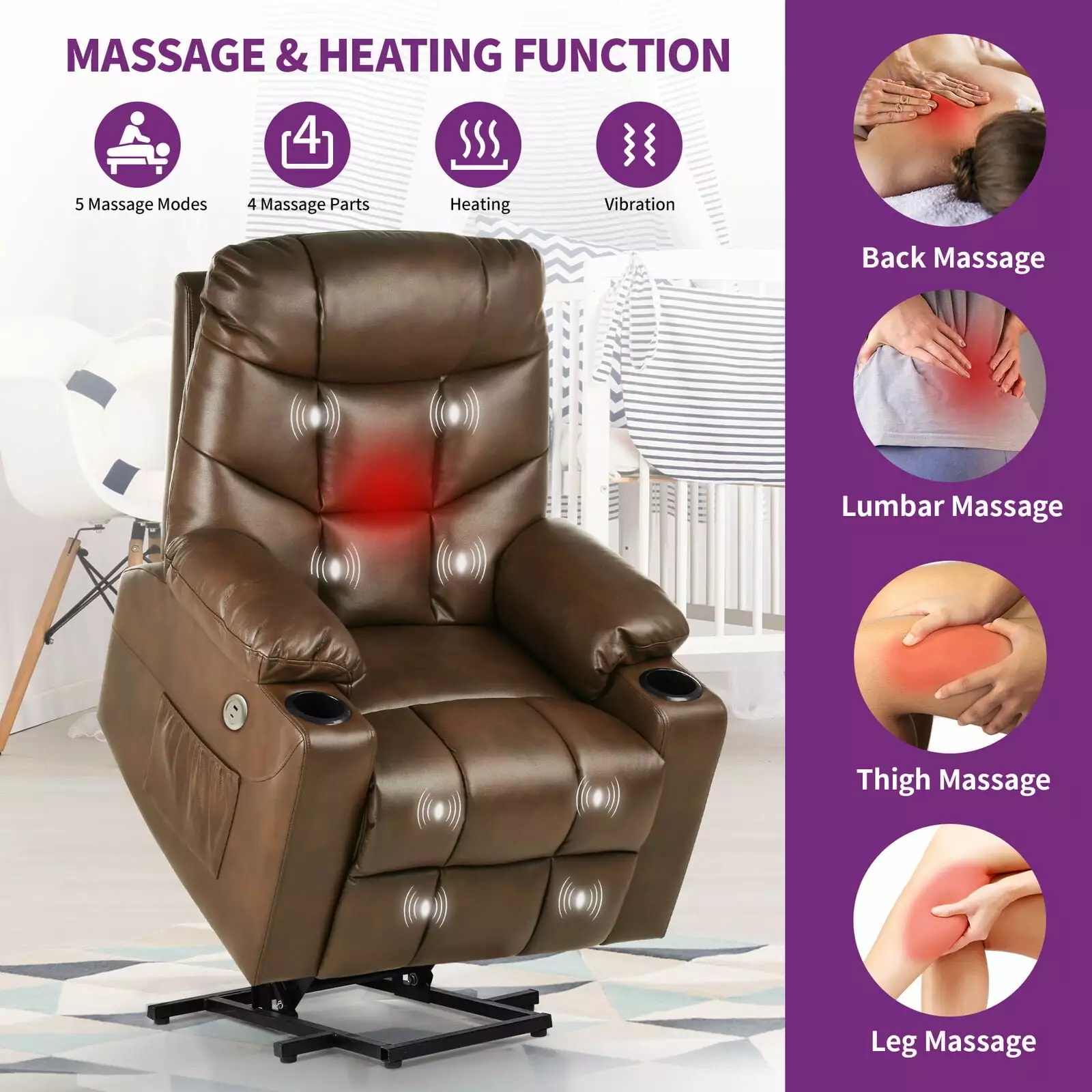 ZGBY Electric Power Massage Lift Chair Recliner Heat USB Ports and Cup Holders ZGBY Home Products