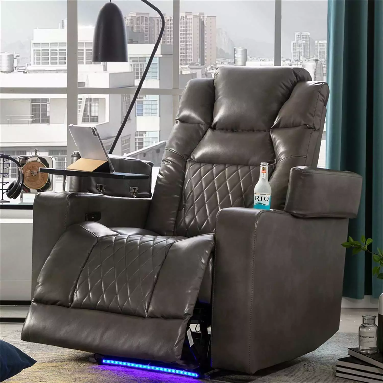 Kepooman Power Motion Recliner USB Charging Port Hidden Arm Storage Grey Metal Recliner