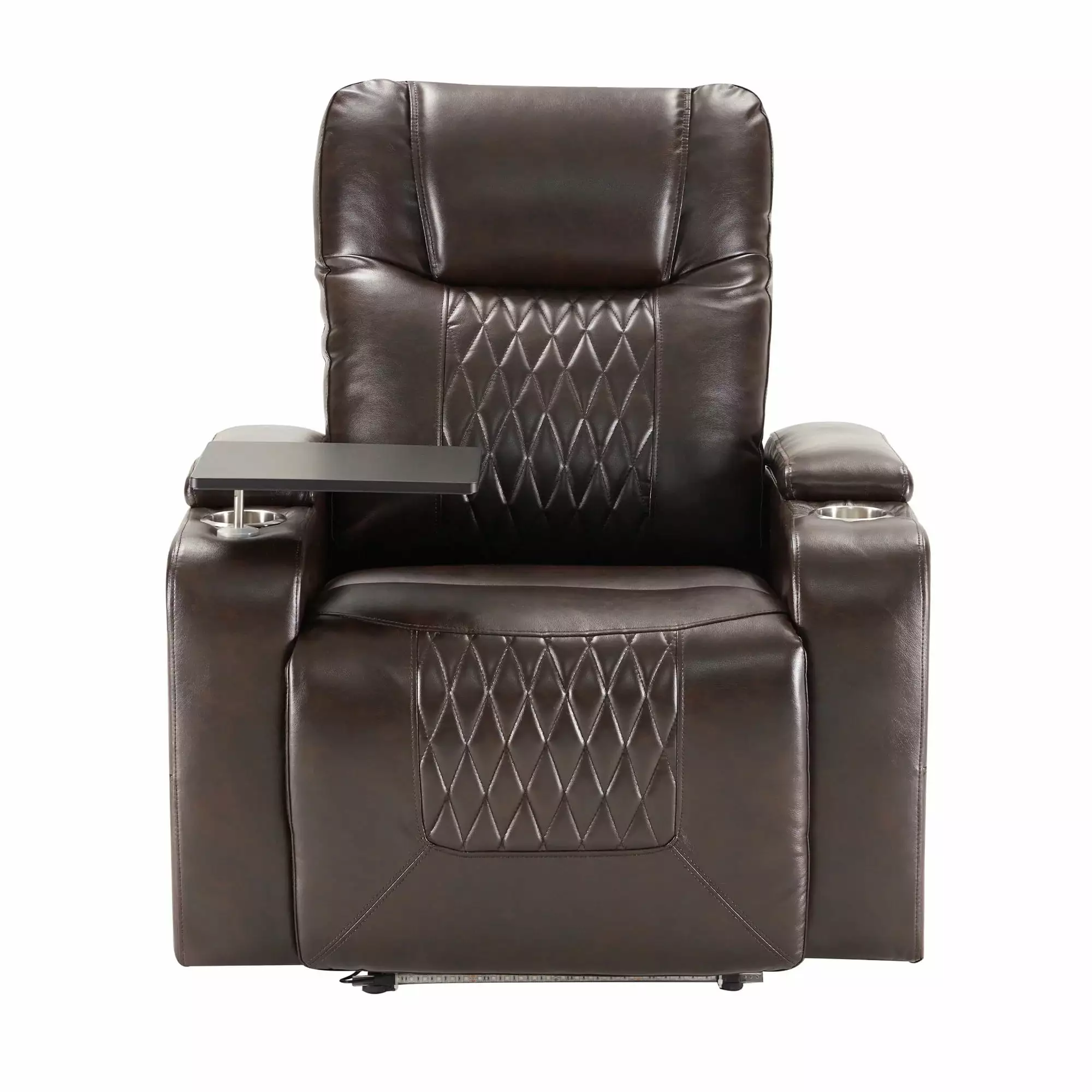 Power Motion Recliner USB Charging Port Hidden Arm Storage 2 Cup Holders 360 Degree Swivel Tray Table Brown