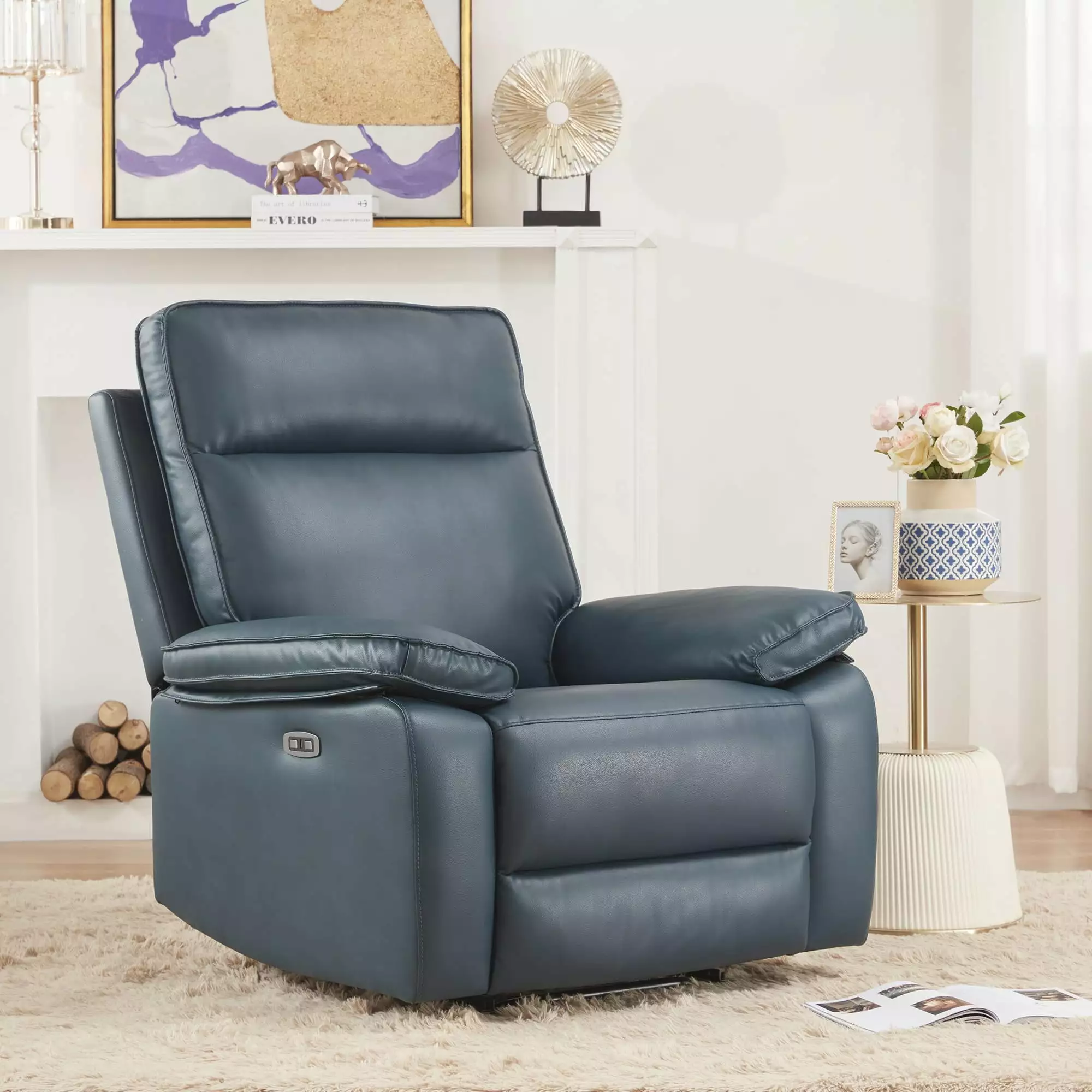 Electric Power Recliner Chair USB Port - Dark Blue Leather Recliner Living Room CNCJ