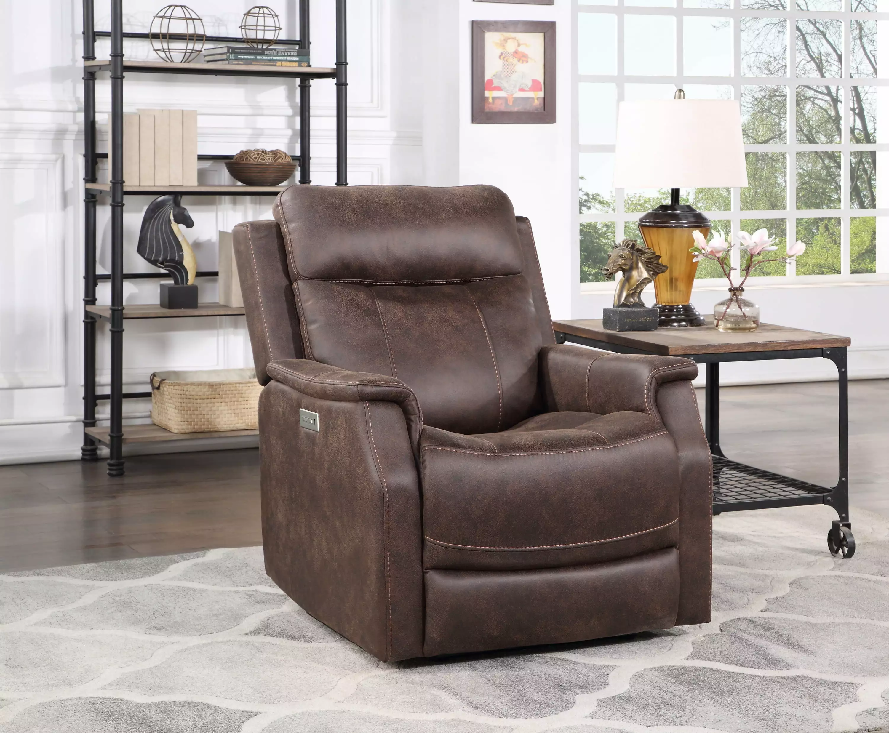 DeeHome Compact Dual-Power Recliner Walnut Leatherette Power Footrest, Headrest, and USB Charging