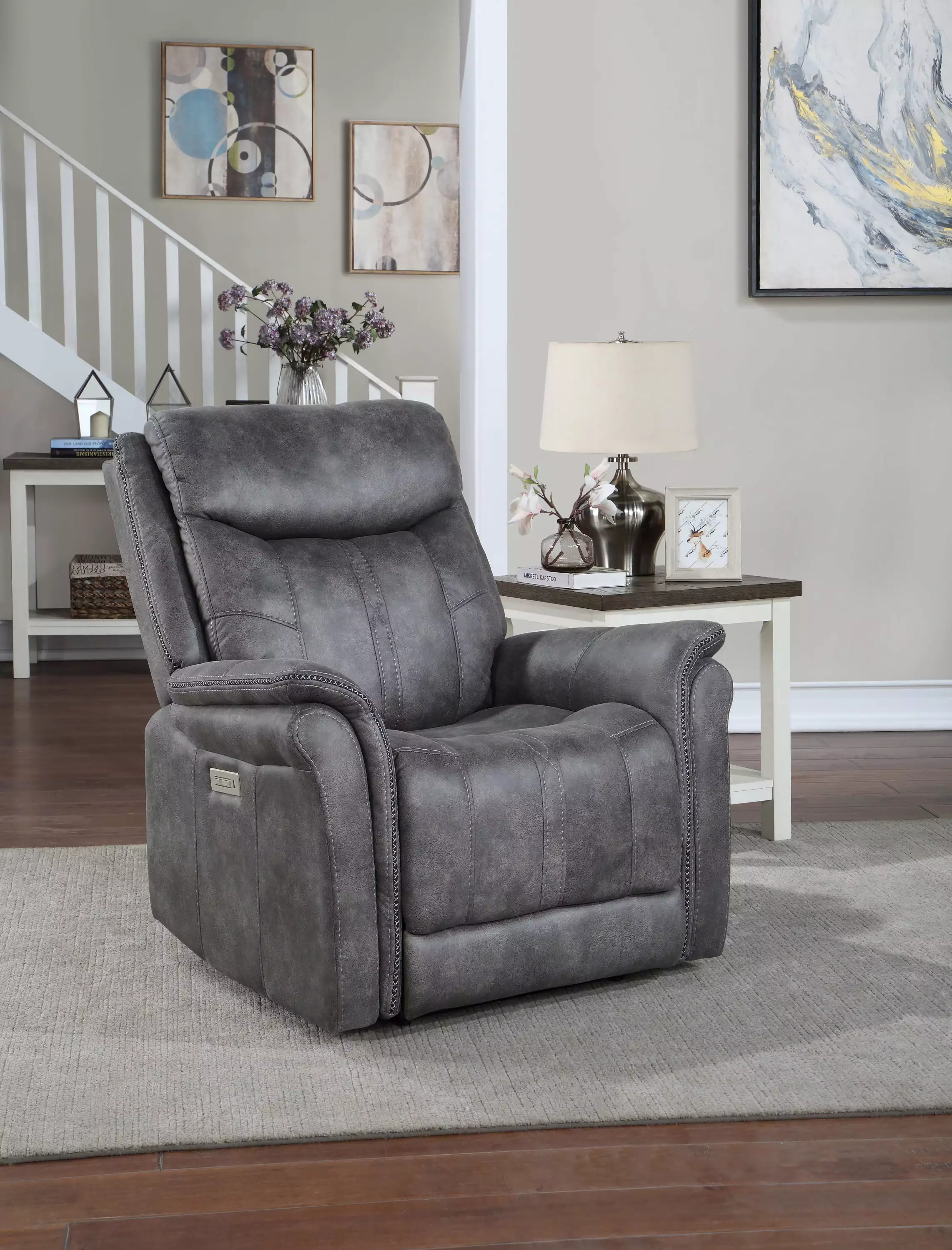 DeeHome Traditional-Modern Power Reclining Collection Cool Gray Microsuede USB Charging