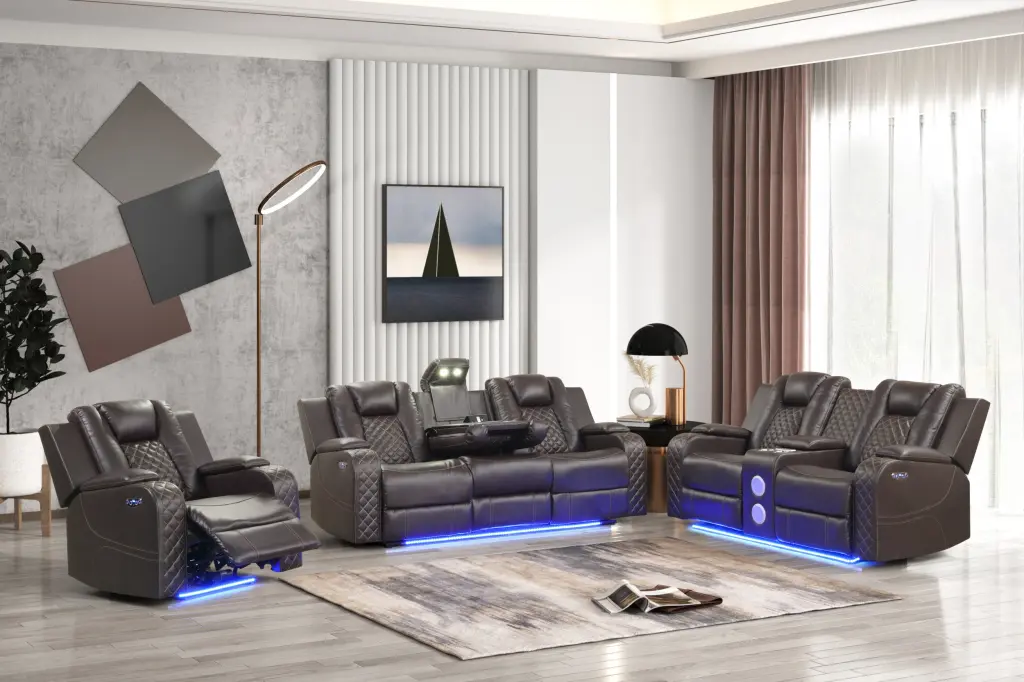 Benz LED Power Recliner 3 Piece Faux Leather Living Room Set Brown galaxy home furnishings