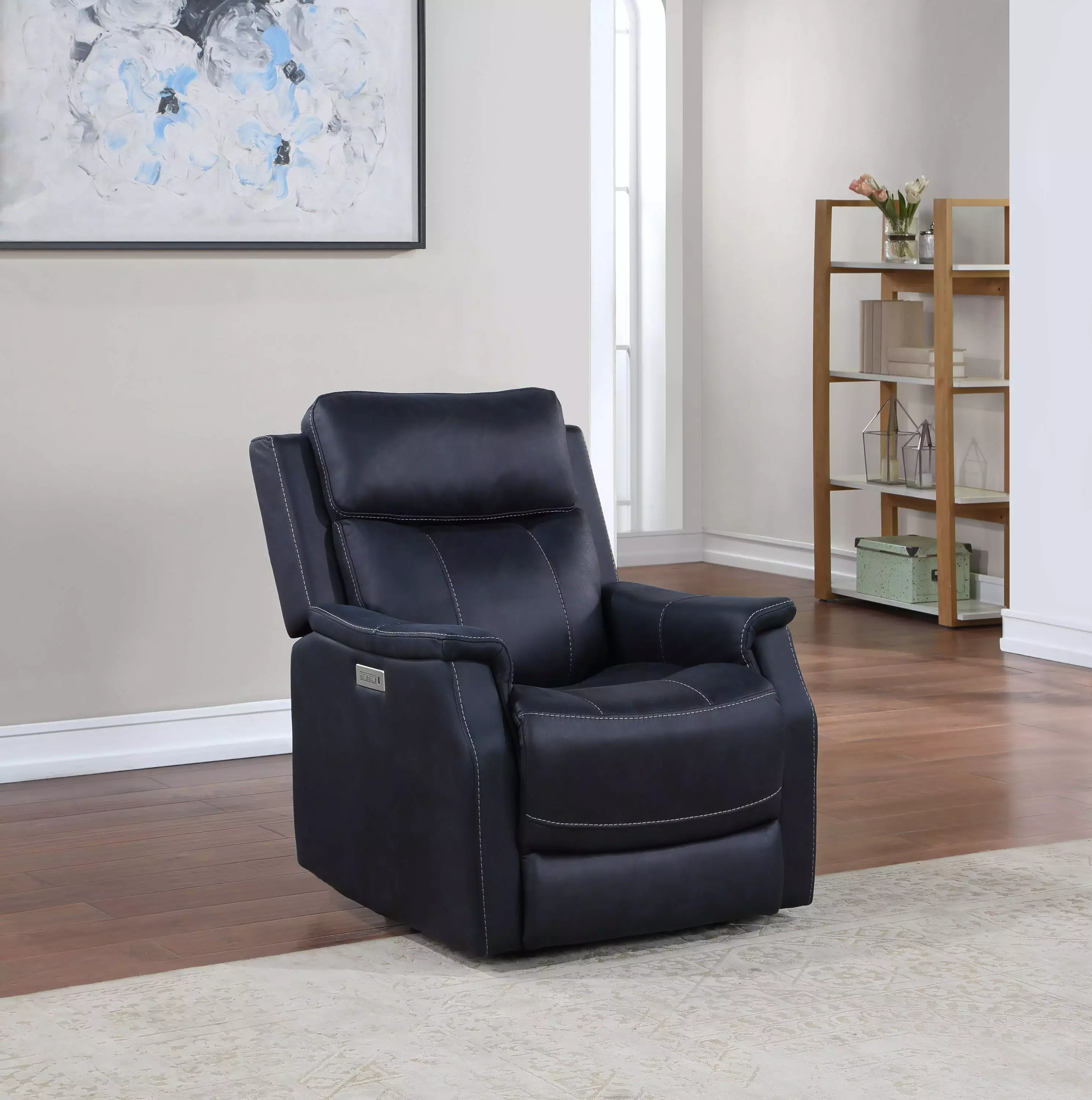Clean Contemporary Dual-Power Recliner Blue Modern Living Room Chair Go Green Woods
