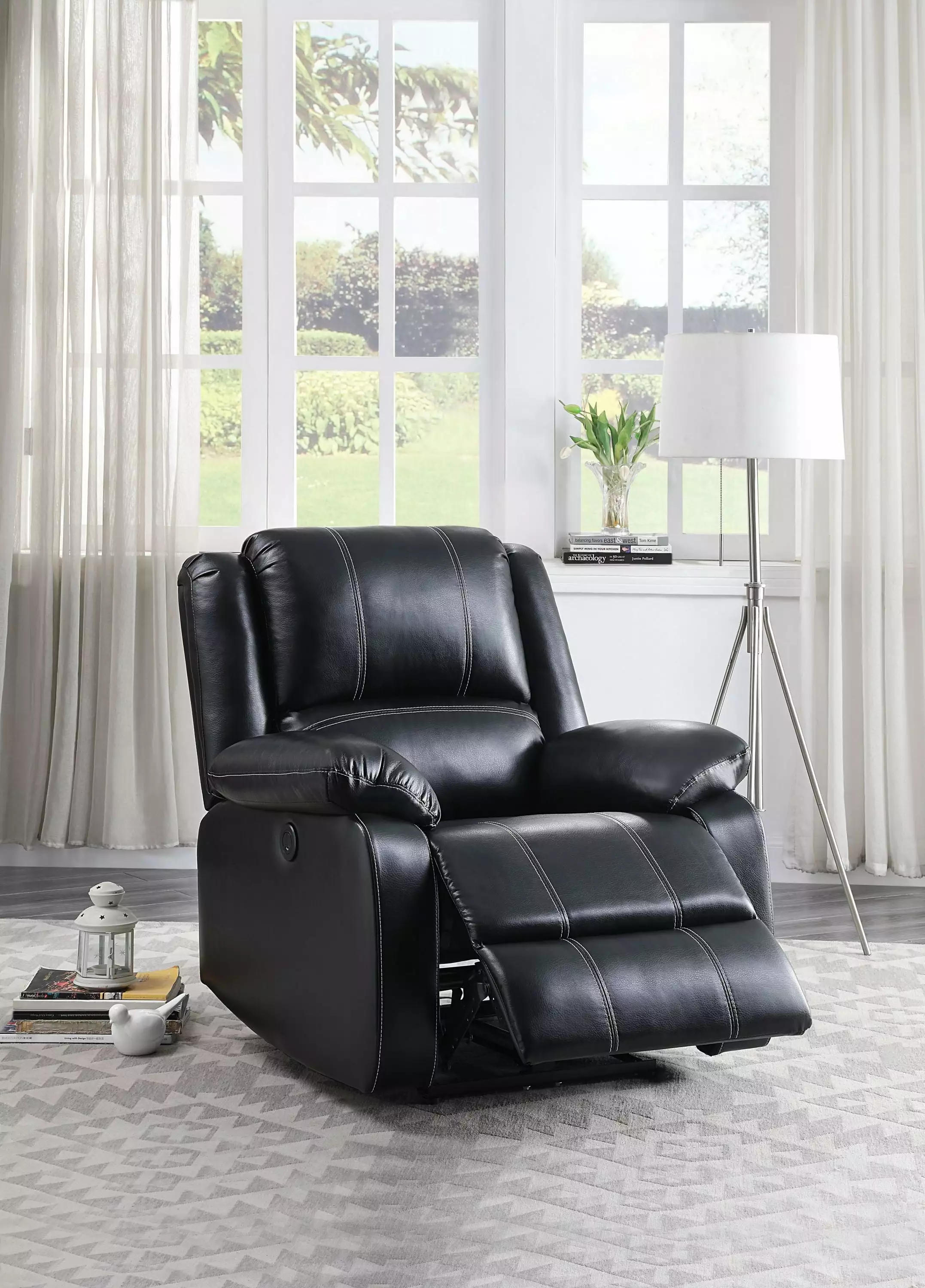 Vortex PU Power Recliner Black Finish Remote Control Go Green Woods