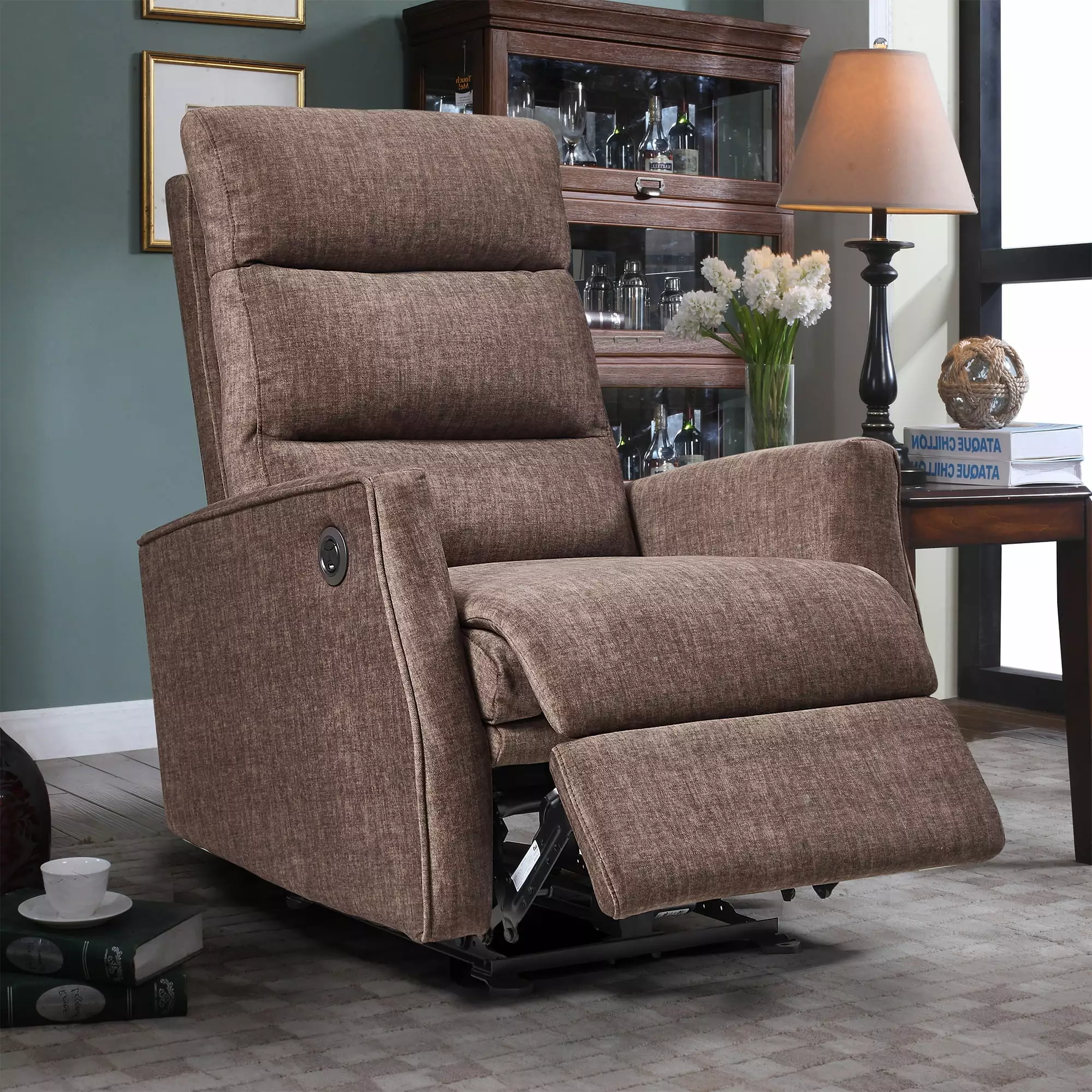 Recliner Chair Power Function Easy Control Big Stocks Recliner Single Chair Living Room Bed Room Brown Jamini