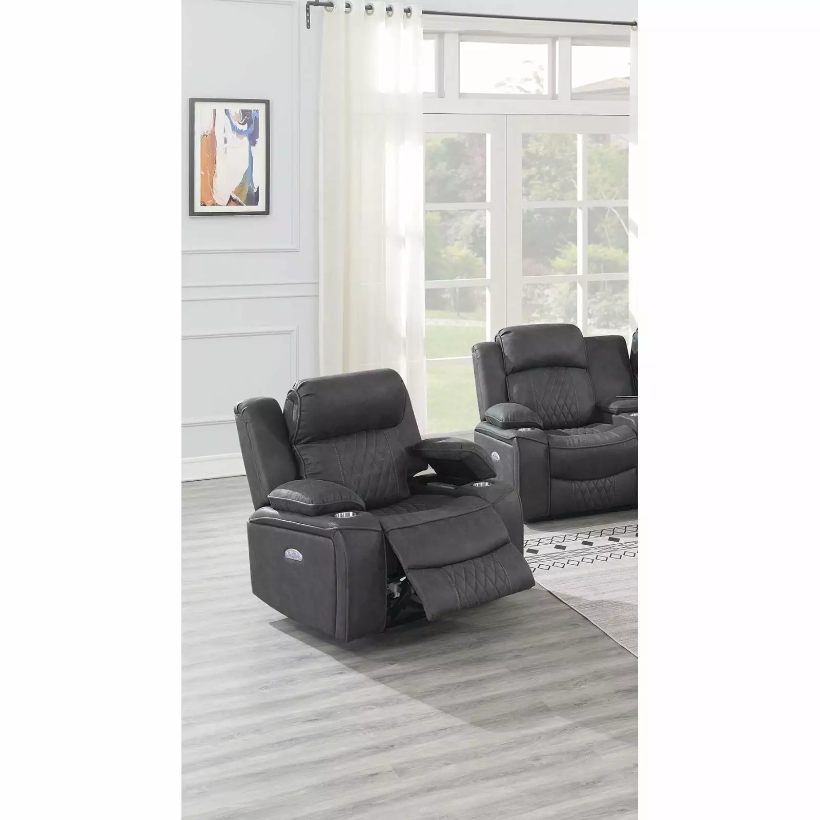 Miekor Furniture Power Motion Recliner Chair Contemporary Charcoal Gel Leatherette Storage Arms and Cup Holder