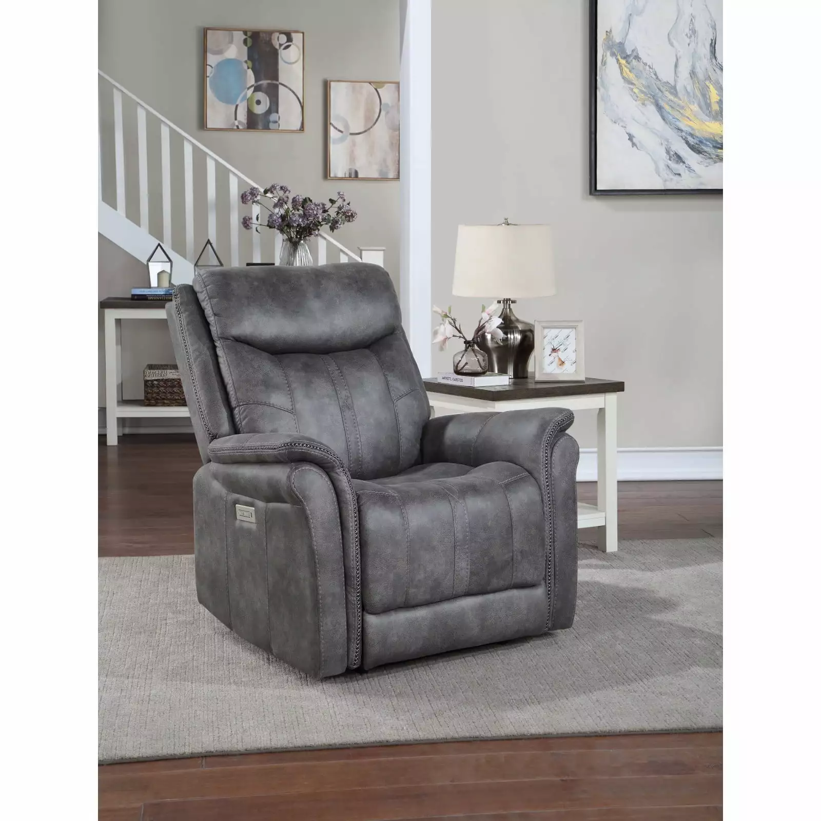 Traditional-Modern Power Reclining Chair Cool Gray Microsuede USB Charging Port Ponnky
