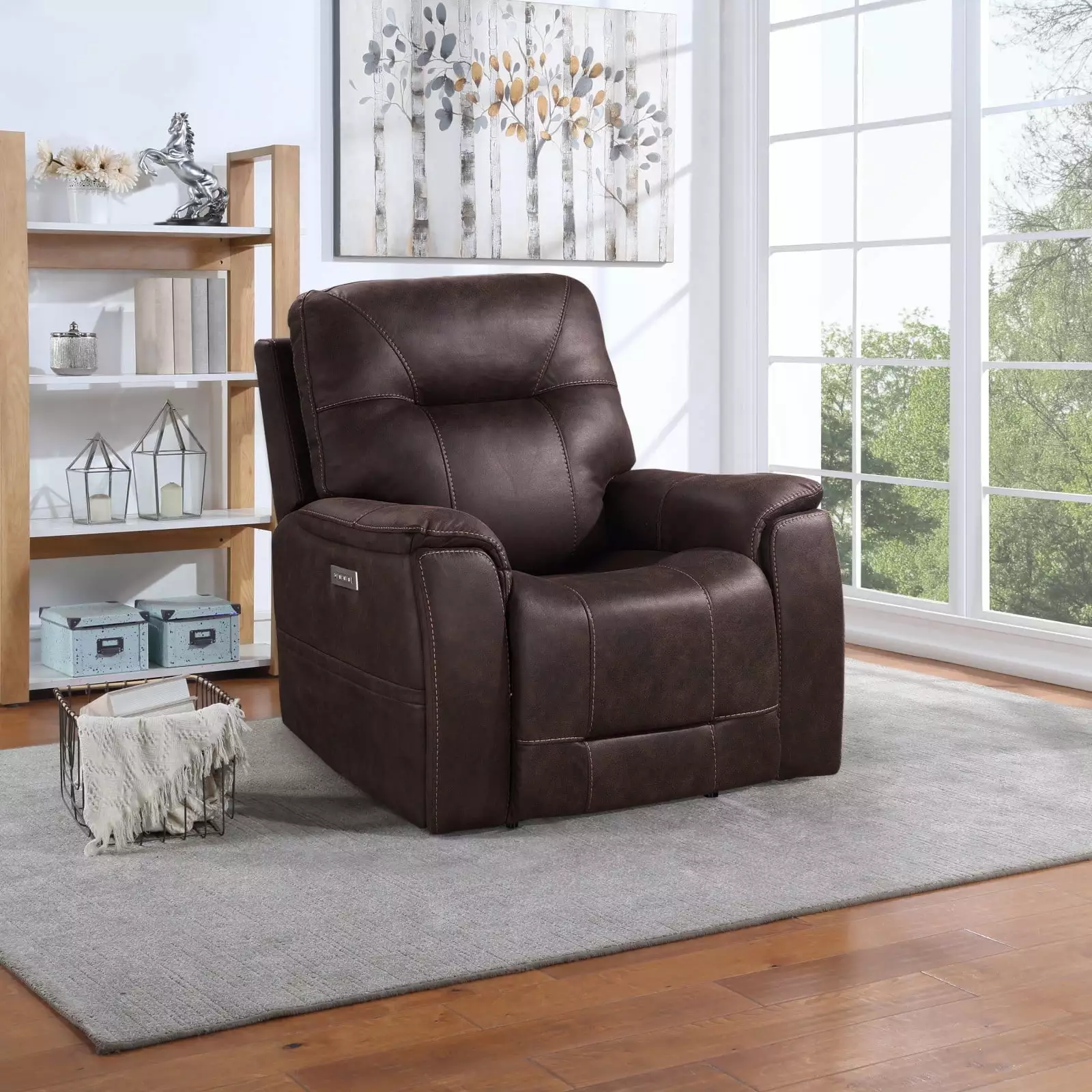 Transitional Triple-Power Recliner Canyon Walnut Leatherette Lighted Cupholders Ponnky