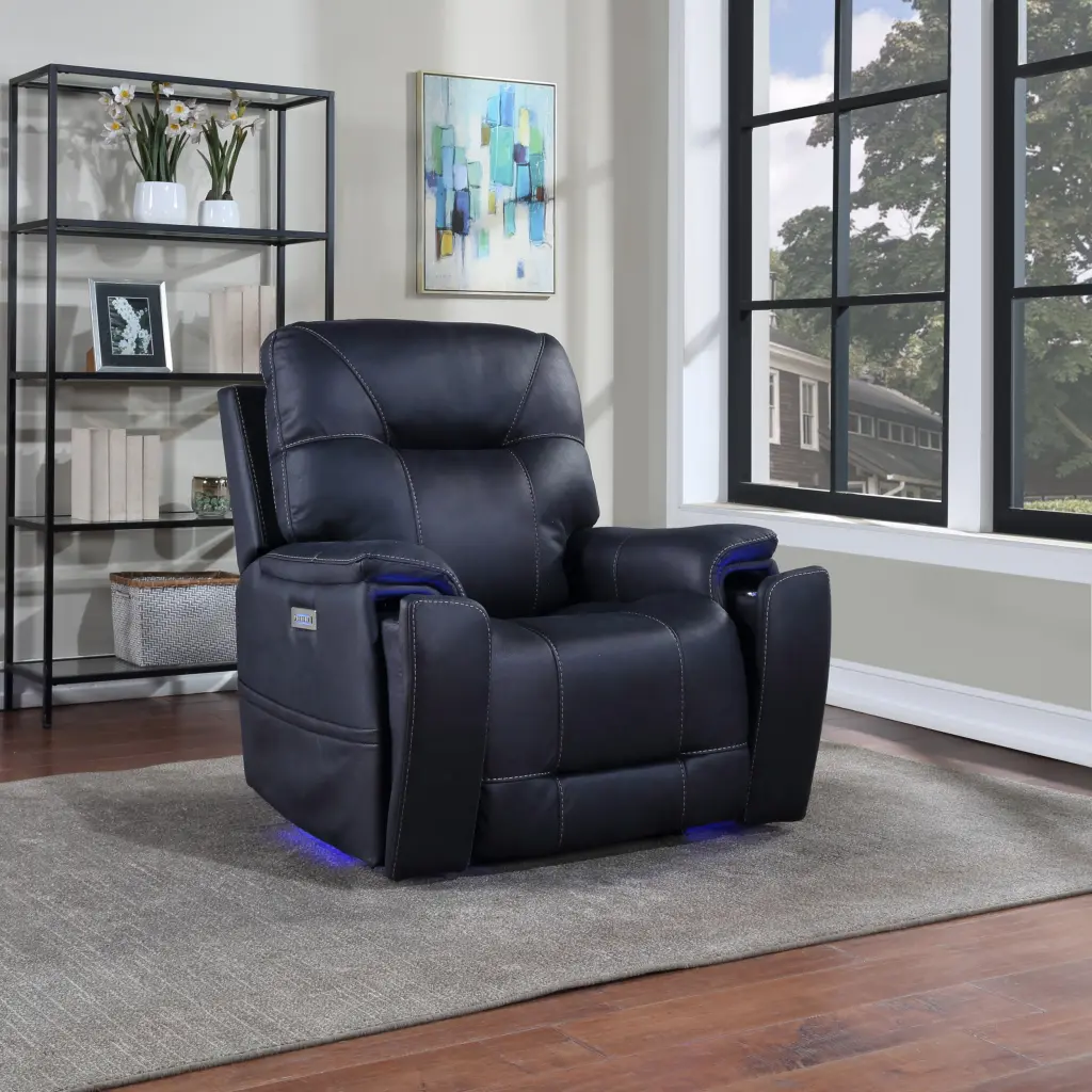 Triple Power Recliner Lighted Cup Holders Ocean Blue Transitional Design steve silver furniture