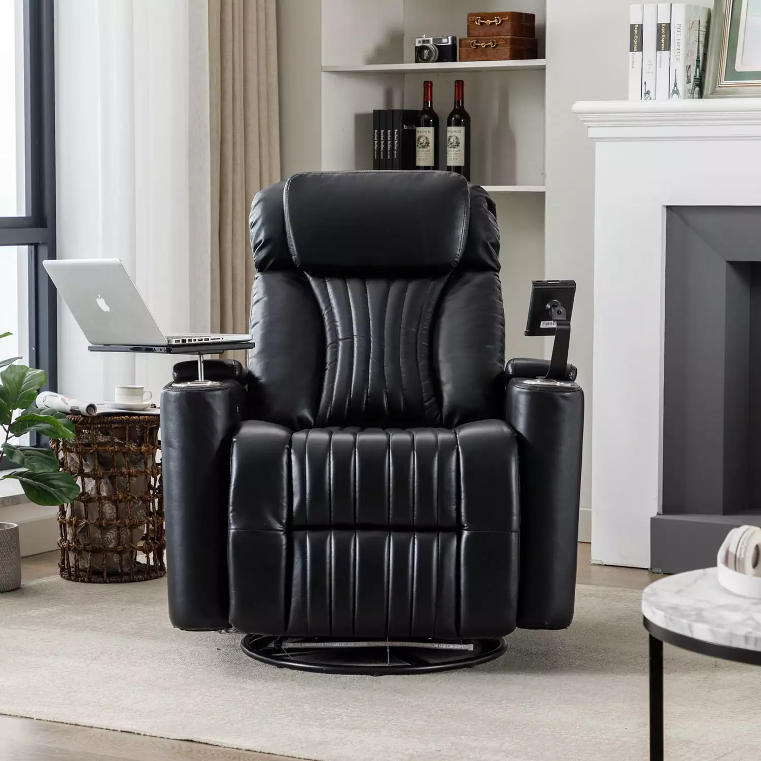Kadyn 270° Power Swivel Rocker Recliner LED Light Strip, Cup Holder, and 360° Swivel Tray Table Black
