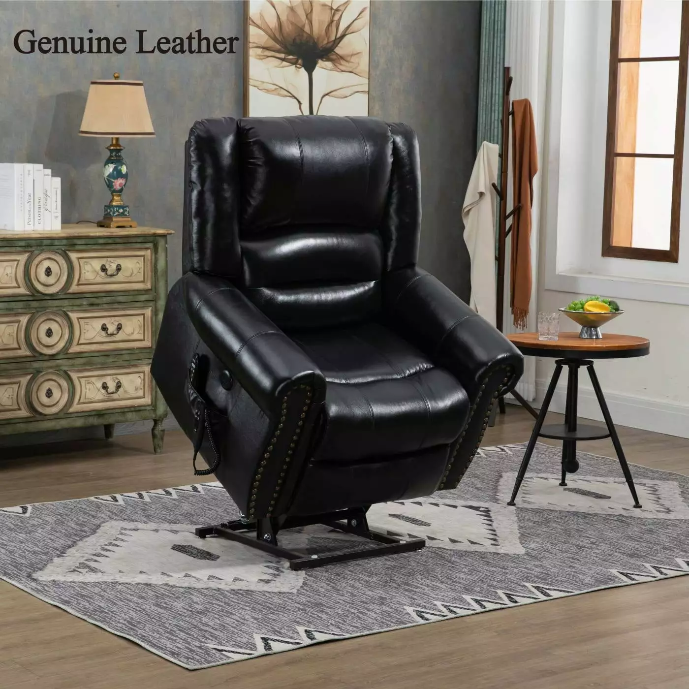 Black Genuine Leather Power Lift Recliner Chair Heat Massage and USB Ports HATNOKIL