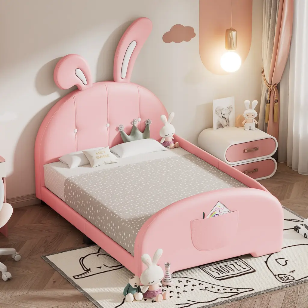 Twin Size Upholstered Rabbit Influence Princess Bed Platform homey life