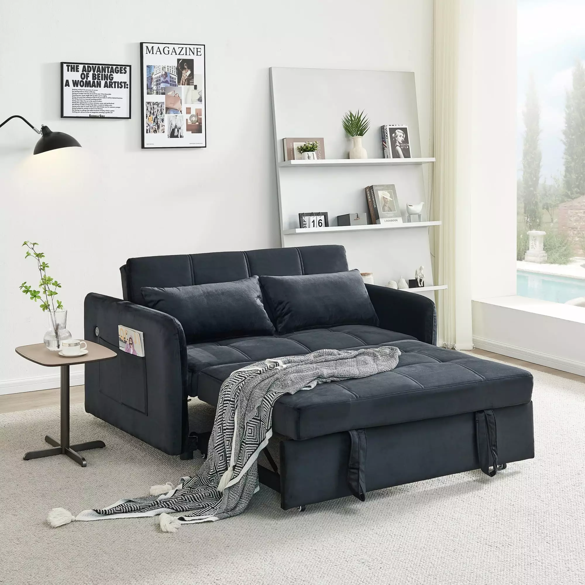 55.5 Twins Pull Out Sofa Bed Black Velvet - Convertible Sleeper Sofa ANTFURN